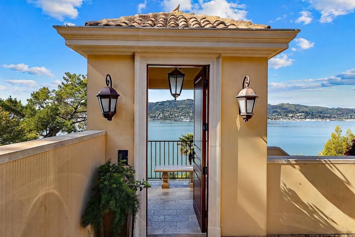 This image captures a picturesque balcony entrance framed by a Mediterranean-style structure with a tiled roof and warm-toned stucco walls. Two elegant wall-mounted lanterns flank the open doorway, which leads to a small terrace featuring a stone bench and a stunning, unobstructed view of the bay and distant hills. The scene is bathed in bright, natural light, creating an inviting and serene atmosphere perfect for relaxation.