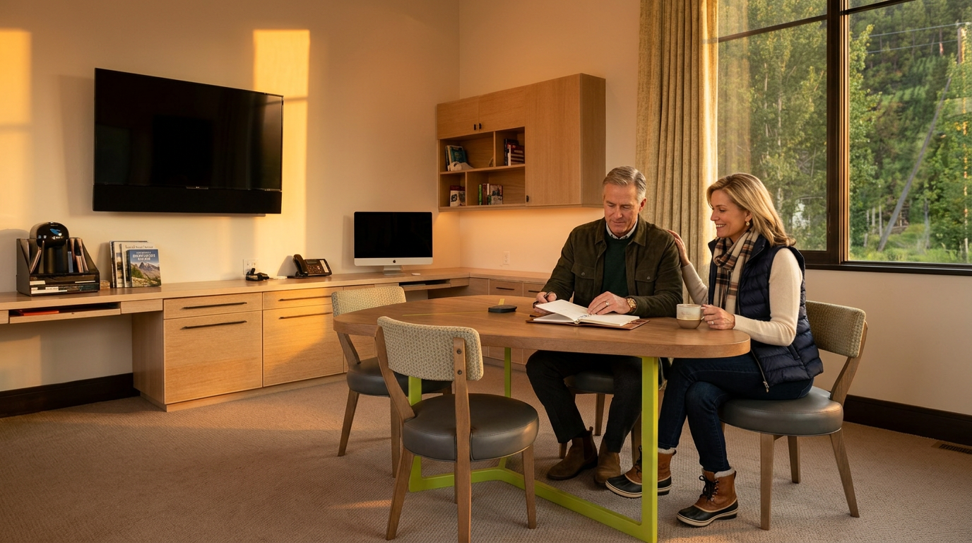 This bright and functional home office features a large, light wood desk integrated with built-in cabinetry and a wall-mounted television. A central table with four modern chairs provides a collaborative workspace, while a large window with floor-to-ceiling curtains allows for ample natural light and views of the surrounding greenery. The room is finished with neutral carpeting and clean, minimalist lines, creating a professional and airy atmosphere.