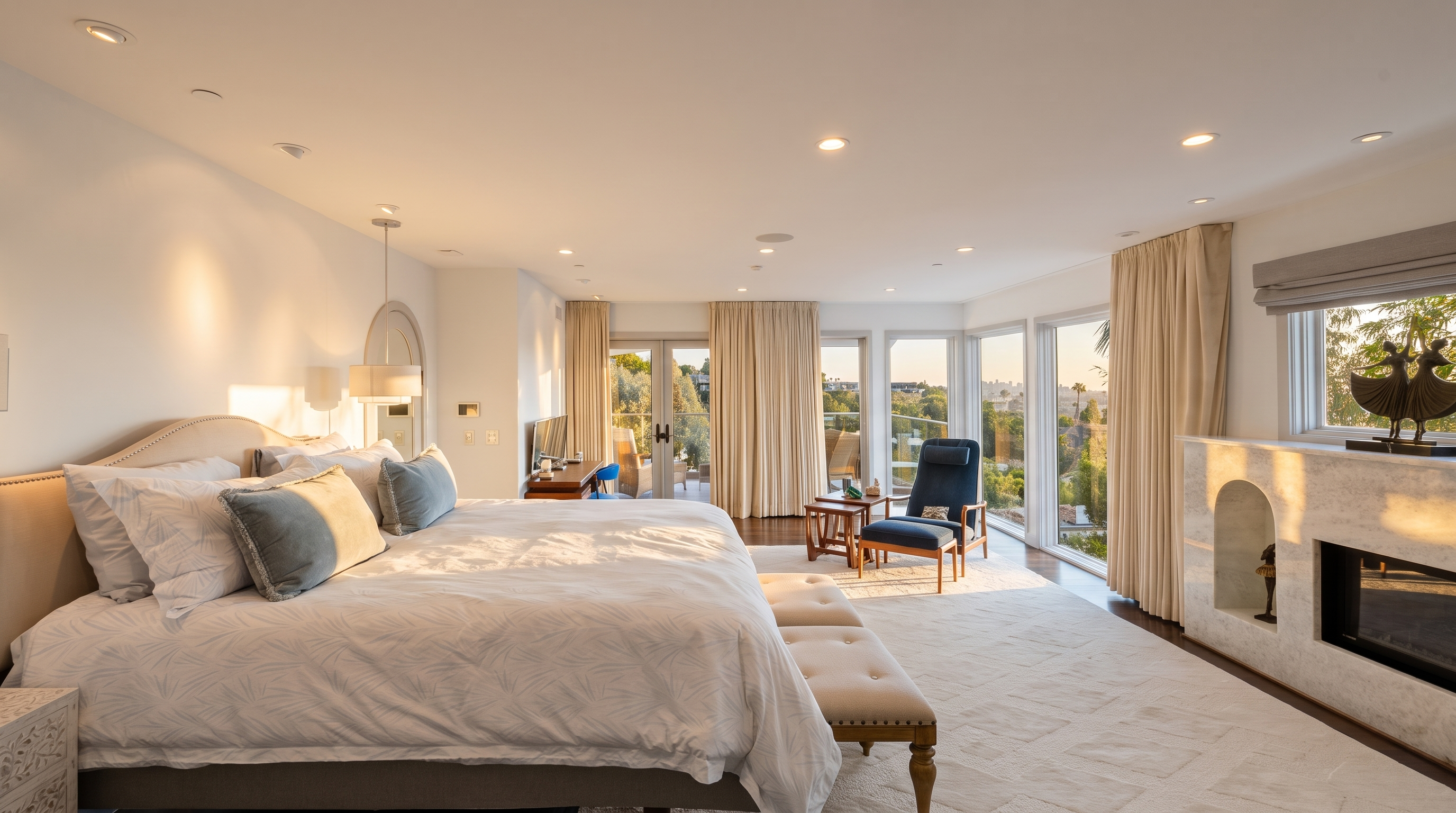 This spacious primary bedroom features a neutral color palette with a large bed centered against a white wall, complemented by light-toned bedding and blue accent pillows. A tall stone-clad fireplace surround adds a sophisticated focal point, while large windows and glass doors provide abundant natural light and expansive views of the surrounding landscape. The room is finished with a plush area rug, a blue armchair for seating, and a pair of upholstered benches at the foot of the bed, creating a serene and luxurious atmosphere.