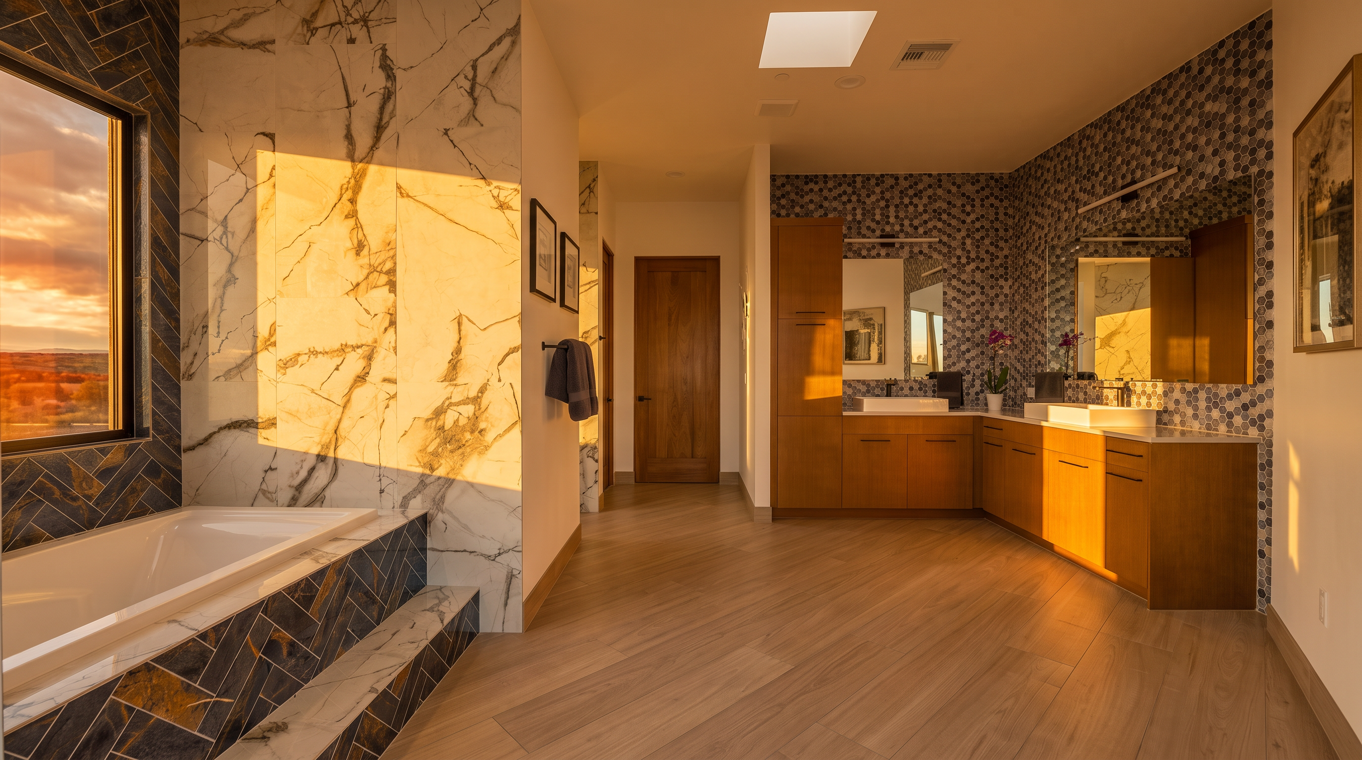 This spacious primary bathroom features a luxurious soaking tub set against a backdrop of dramatic, large-format veined stone and dark herringbone-patterned tile. The vanity area is equipped with dual sinks, warm-toned cabinetry, and a striking hexagonal mosaic tile wall that adds texture and depth. The room is finished with light-toned wood-look flooring, creating a sophisticated and modern atmosphere.