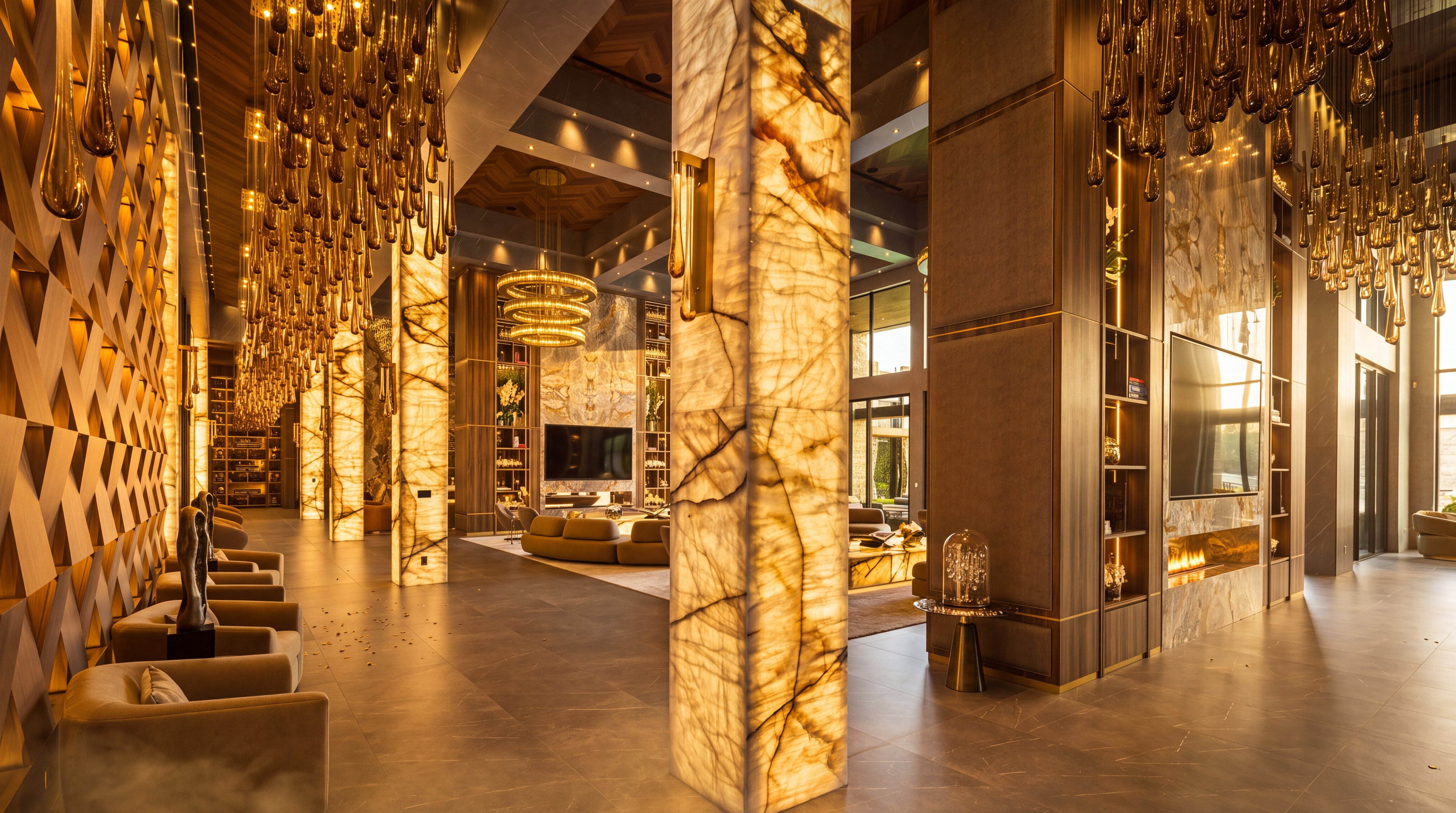 This expansive, high-end living area showcases a sophisticated open-concept design with dramatic, backlit stone columns and intricate, cascading glass pendant lighting. The space features a neutral color palette with plush seating, large wall-mounted televisions, and warm wood-paneled accents that create a luxurious, gallery-like atmosphere. The perspective captures the depth of the room, highlighting the seamless transition between the seating areas and the grand, illuminated architectural elements.