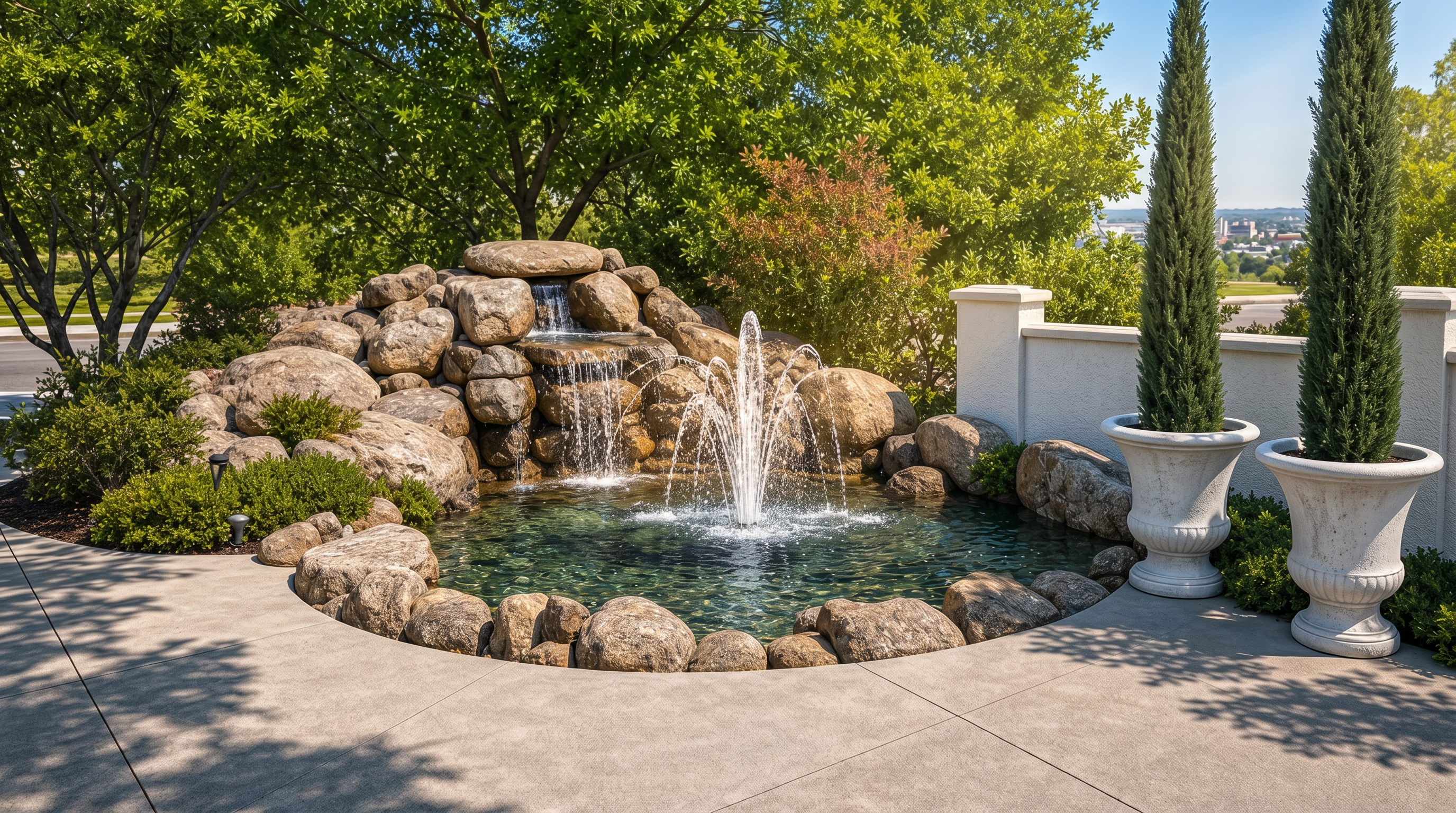 This professionally landscaped garden features a charming stone waterfall cascading into a circular pond, complete with a central fountain element. The area is framed by lush shrubbery, elegant tall evergreen topiaries in white planters, and a light-colored concrete patio walkway. It creates a serene and polished aesthetic, making it an appealing exterior focal point for a residential property.