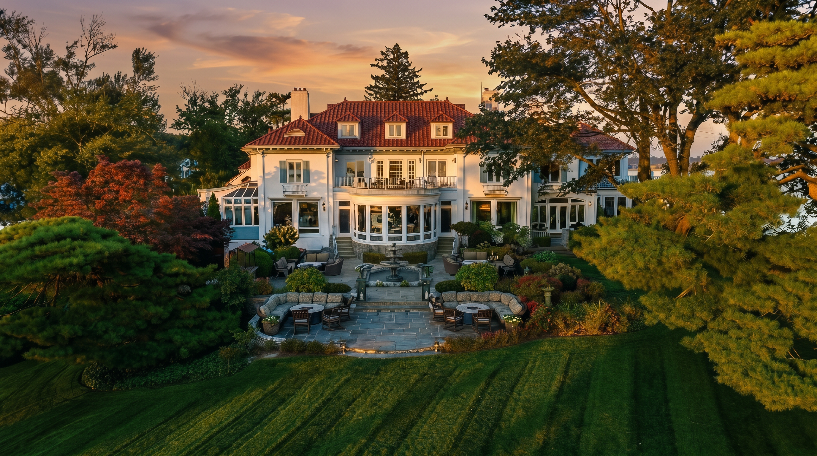 This grand estate is captured from an elevated rear perspective, showcasing a sprawling lawn leading to a stone-paved terrace with a central fountain. The multi-story residence features a classic architectural style with a red tile roof, white stucco walls, and a symmetrical design highlighted by a curved central bay. Lush mature trees frame the property, creating a serene and private atmosphere that emphasizes the expansive outdoor living space.
