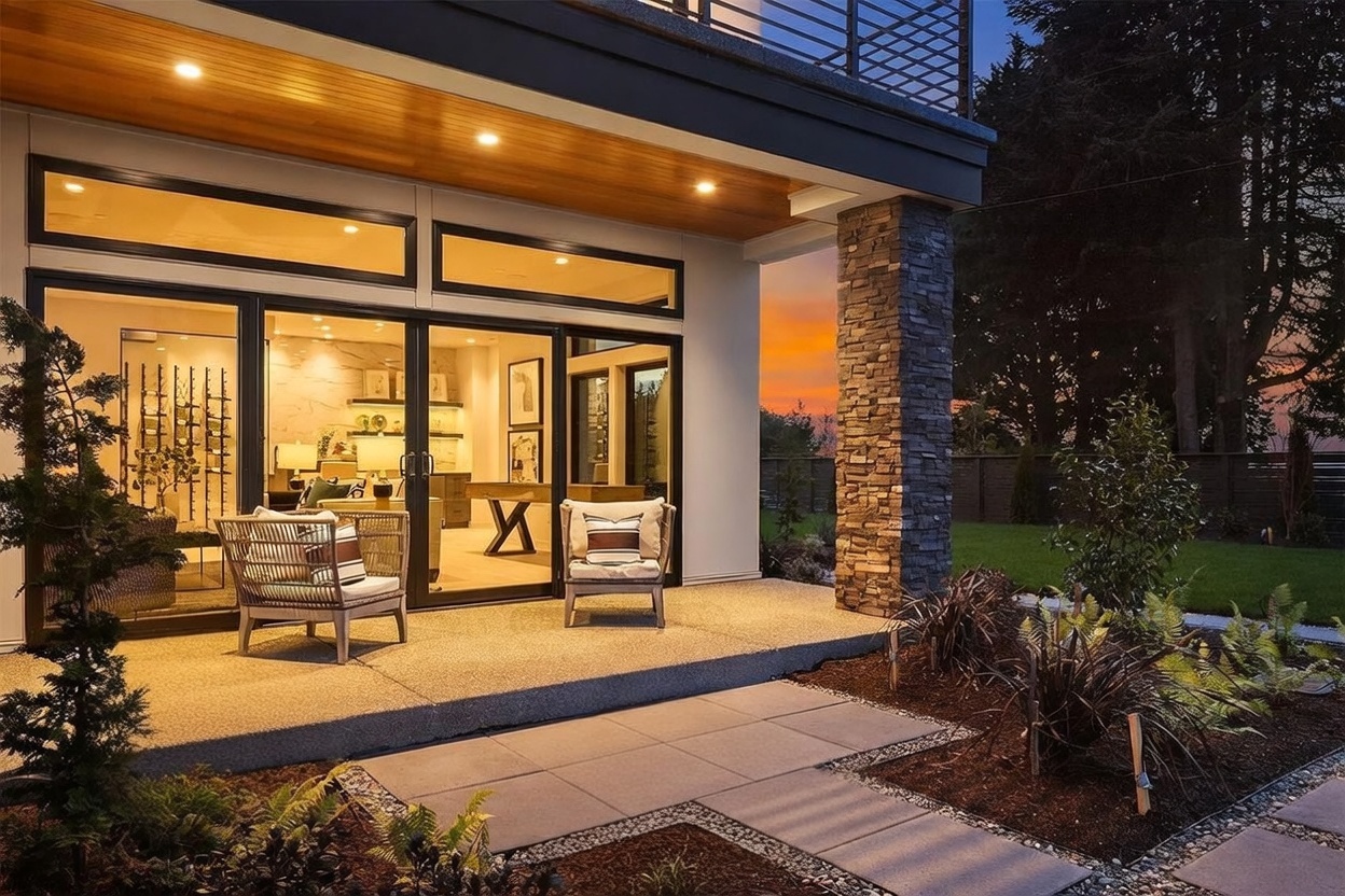 This modern patio space features a concrete slab floor and a prominent stone-clad pillar, creating a sophisticated transition between the indoor living area and the backyard. Large glass sliding doors provide a seamless view into a well-lit interior office or lounge space, while two comfortable outdoor chairs invite relaxation. The scene is captured at dusk, with warm recessed lighting under the wood-paneled ceiling contrasting beautifully against the vibrant orange sunset sky.