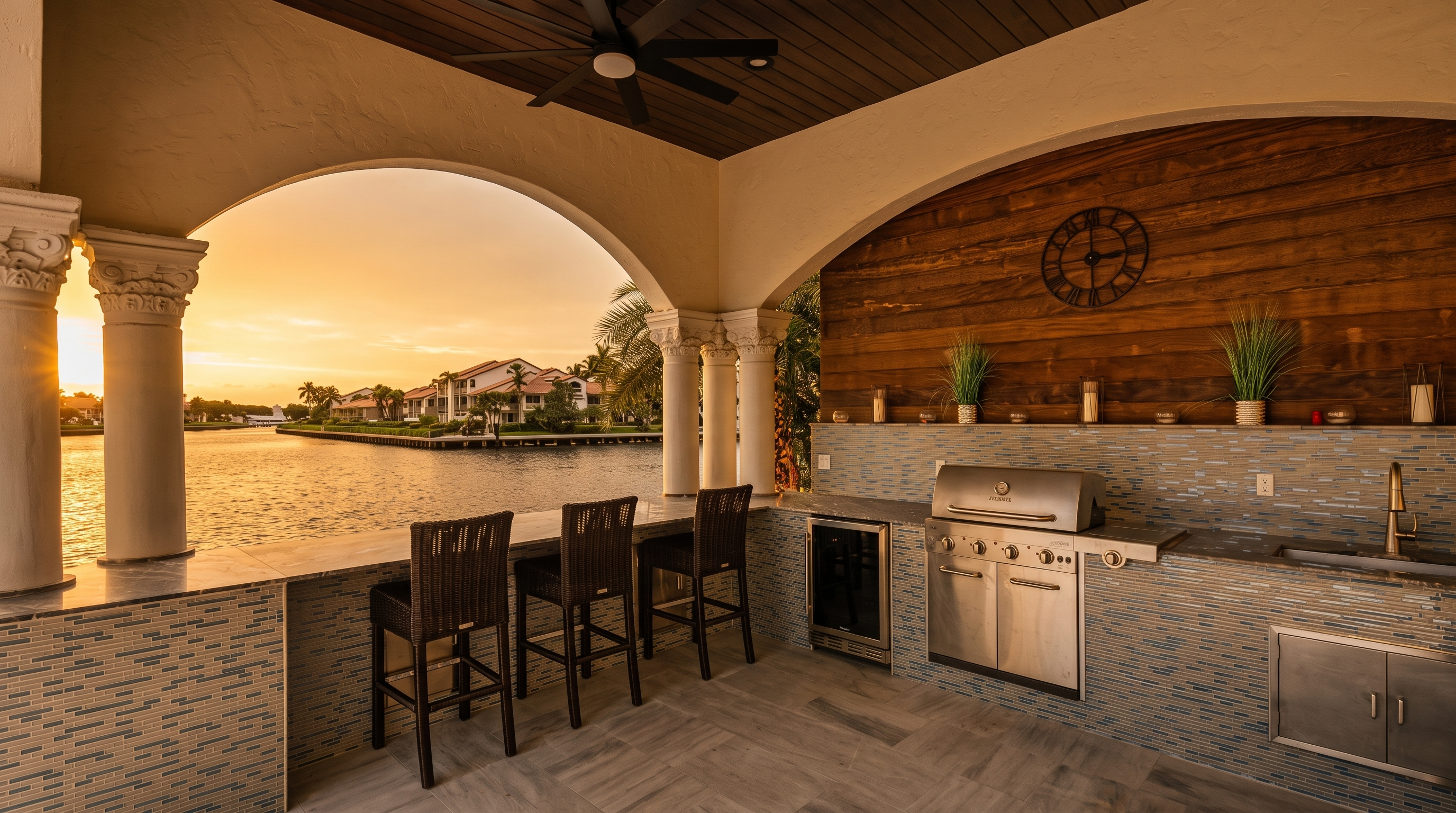 This luxurious covered outdoor kitchen and bar area features a built-in stainless steel grill, a beverage refrigerator, and a sink set against a textured tile backsplash. The space is framed by elegant white columns and a wood-paneled ceiling with a ceiling fan, offering a direct, scenic view of the canal and waterfront homes. Three dark wicker bar stools are positioned along the counter, creating an inviting space for outdoor dining and entertaining.