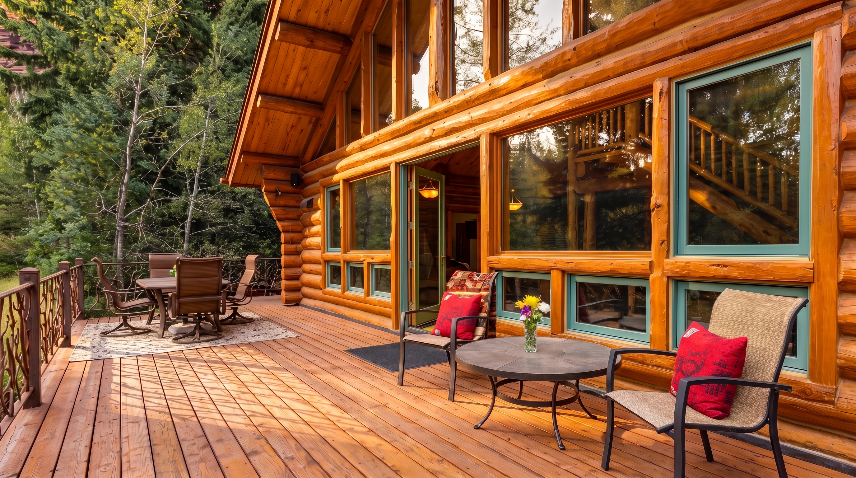 This spacious wooden deck features a rustic log cabin aesthetic with large windows and a natural forest backdrop. The area is furnished with a round dining set and a separate seating arrangement with chairs and a small table, creating an inviting outdoor living space. The perspective captures the expansive deck surface and the architectural detail of the log walls, emphasizing a peaceful, mountain-retreat atmosphere.