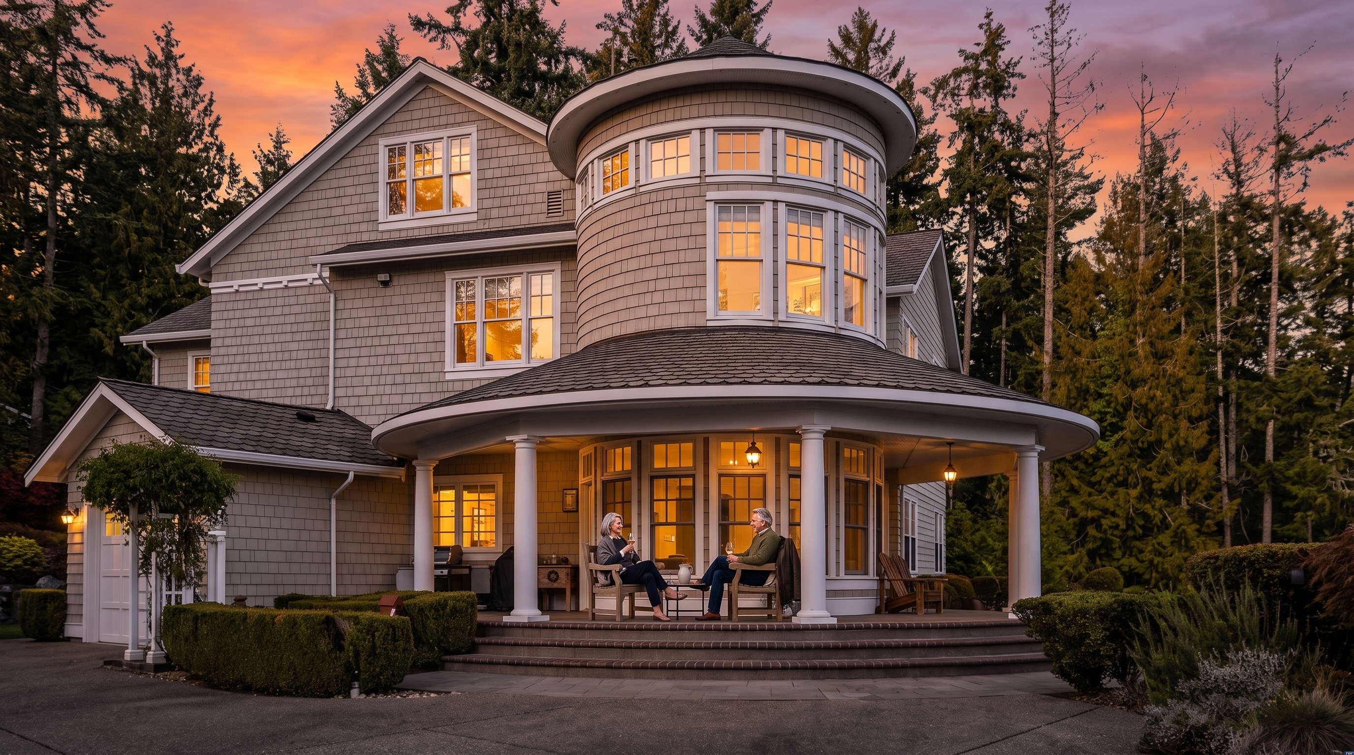 This image captures the rear exterior of a shingle-style home, featuring a prominent circular turret with a wrap-around covered porch. The porch is supported by white columns and overlooks a paved patio area furnished with wooden Adirondack chairs. The structure is surrounded by lush green trees, creating a serene and private atmosphere.