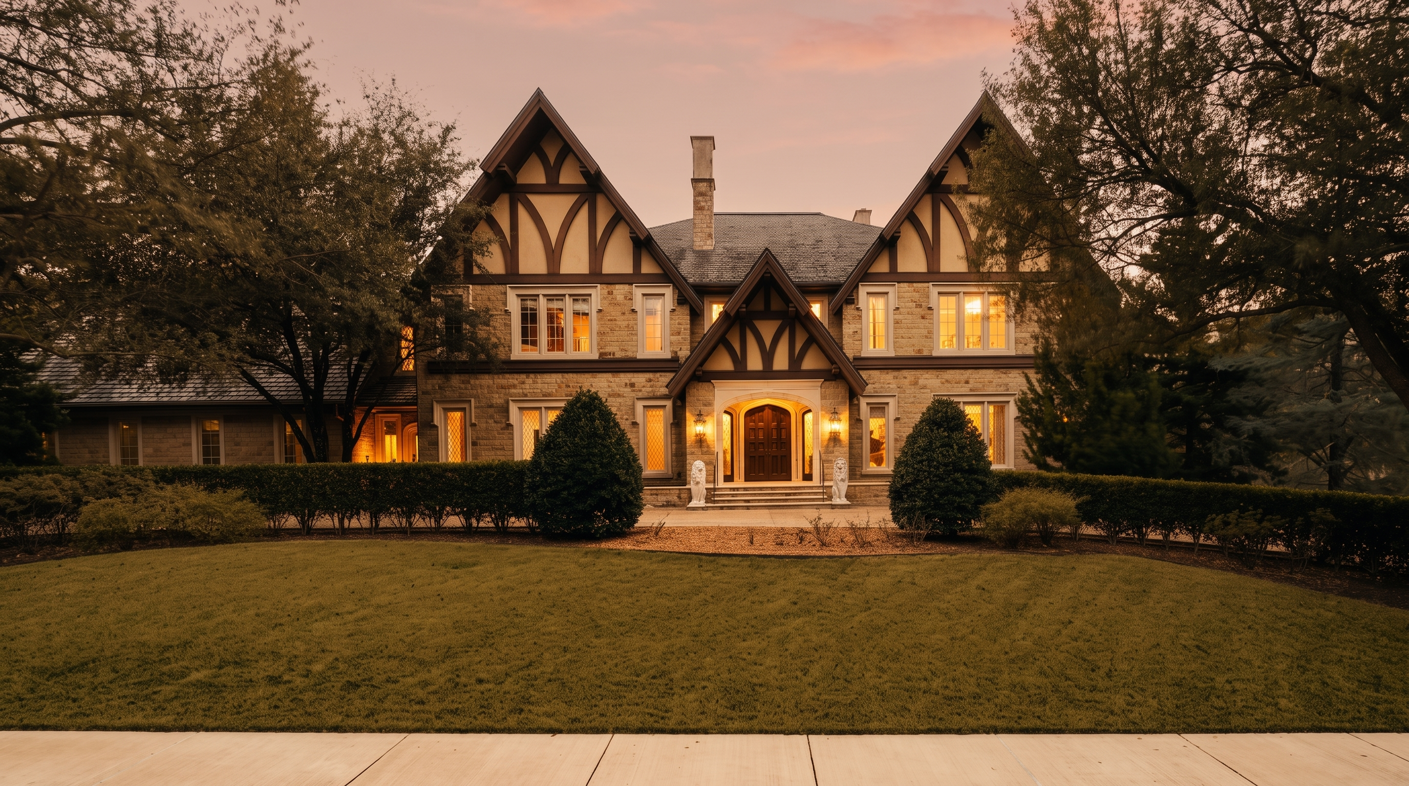 This grand Tudor-style estate features a symmetrical stone facade with prominent timber-framed gables and a steep, multi-pitched roofline. The front entrance is highlighted by an arched doorway flanked by decorative statues, set behind a manicured lawn and a neatly trimmed hedge. The perspective is a straight-on, eye-level shot that captures the imposing scale and classic architectural character of the residence at dusk.