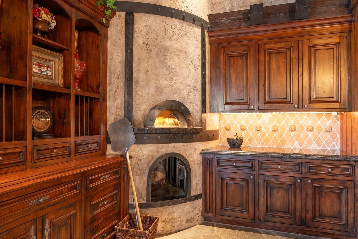 This rustic kitchen area features a prominent stone-clad pizza oven integrated into a curved, textured wall with decorative metal strapping. The space is framed by rich, dark wood cabinetry and shelving, complemented by a patterned tile backsplash and dark stone countertops. A pizza peel rests against the oven, emphasizing the artisanal, old-world aesthetic of this unique culinary feature.