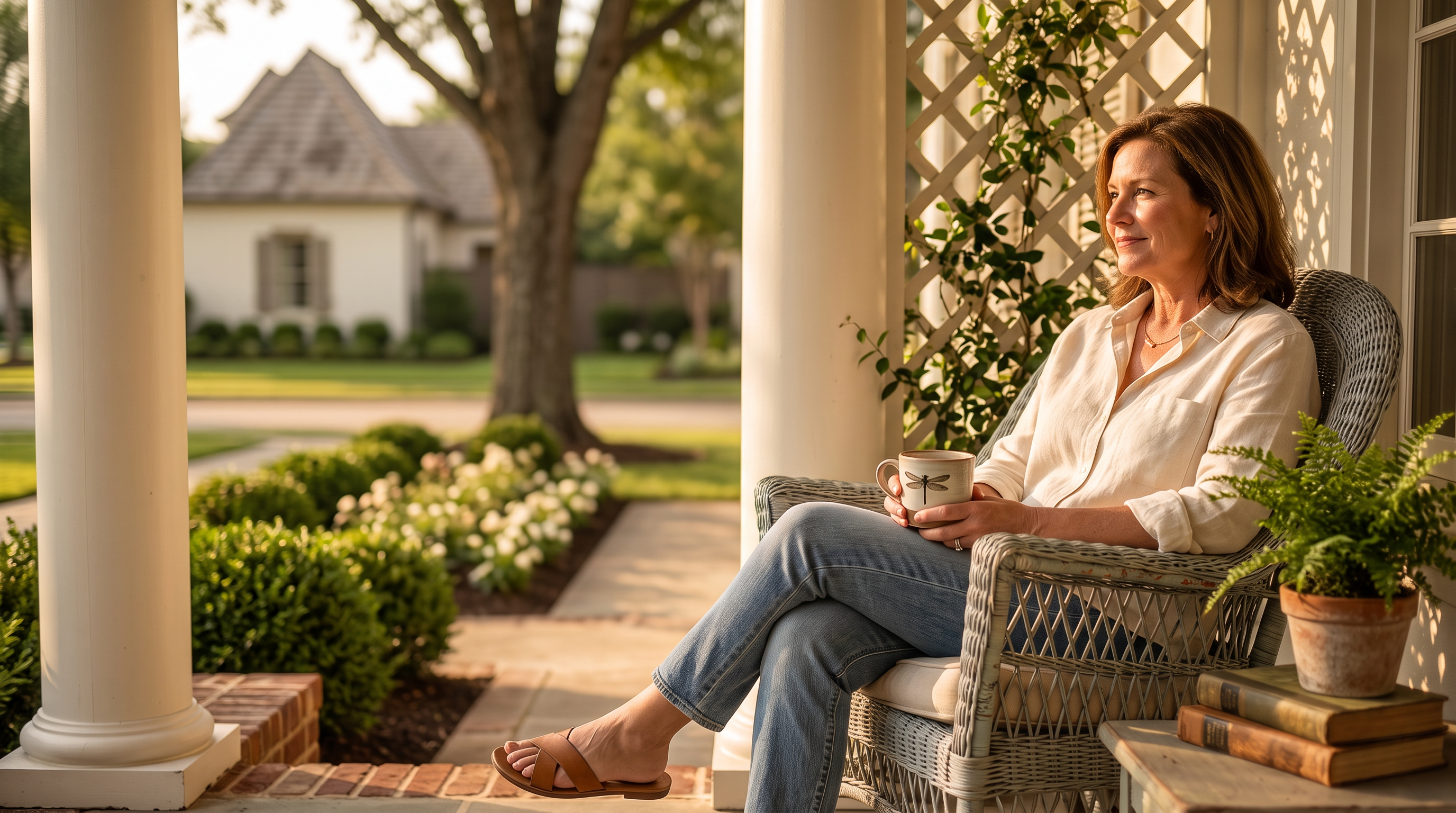 This serene covered front porch offers an inviting outdoor living space, featuring classic architectural columns and a lattice screen for added charm. A comfortable seating area with a wicker chair and potted plants creates a relaxing atmosphere, perfectly framed by views of a well-manicured yard. The space is highlighted by warm, natural lighting, emphasizing its appeal as a quiet retreat for homeowners.
