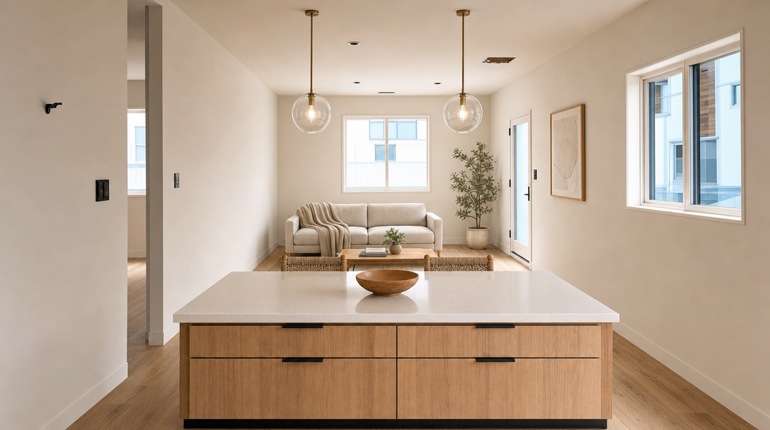 This interior view captures a modern kitchen island with light wood cabinetry and a white quartz countertop, topped by a decorative wooden bowl. In the background, an open-concept living area features a neutral-toned sofa, a light wood coffee table, and a potted plant, all illuminated by elegant glass pendant lights. The space is characterized by a minimalist, cohesive design with warm earth tones, clean lines, and an abundance of natural light streaming through the windows.