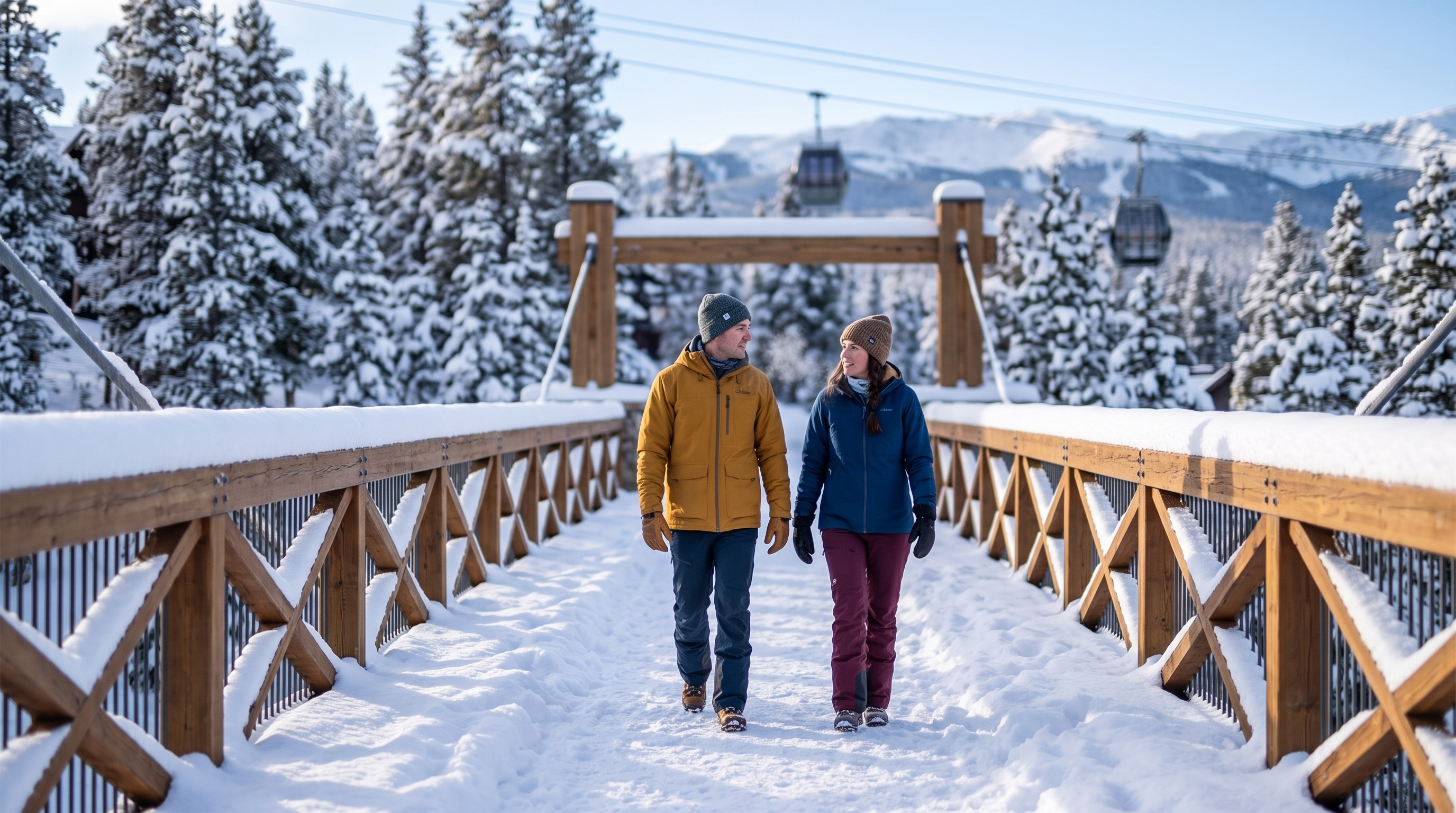This image captures a picturesque wooden pedestrian bridge set in a snowy, mountainous resort environment. The bridge features architectural timber framing and overlooks a scenic winter landscape with pine trees and active gondolas in the background. It serves as a charming community amenity, enhancing the pedestrian experience within the resort property.