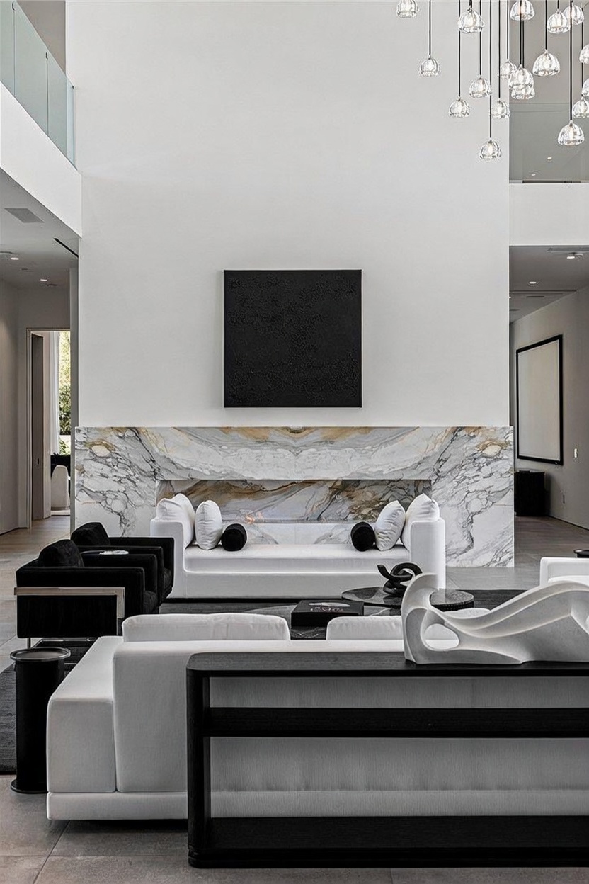 This expansive living room features a dramatic, double-height ceiling and a striking stone-clad chimney breast that serves as the focal point. The space is furnished with a modern white sofa and black accent chairs, arranged around a low-profile coffee table. A contemporary chandelier with multiple glass pendants hangs from above, adding a sophisticated touch to the minimalist, high-contrast design.