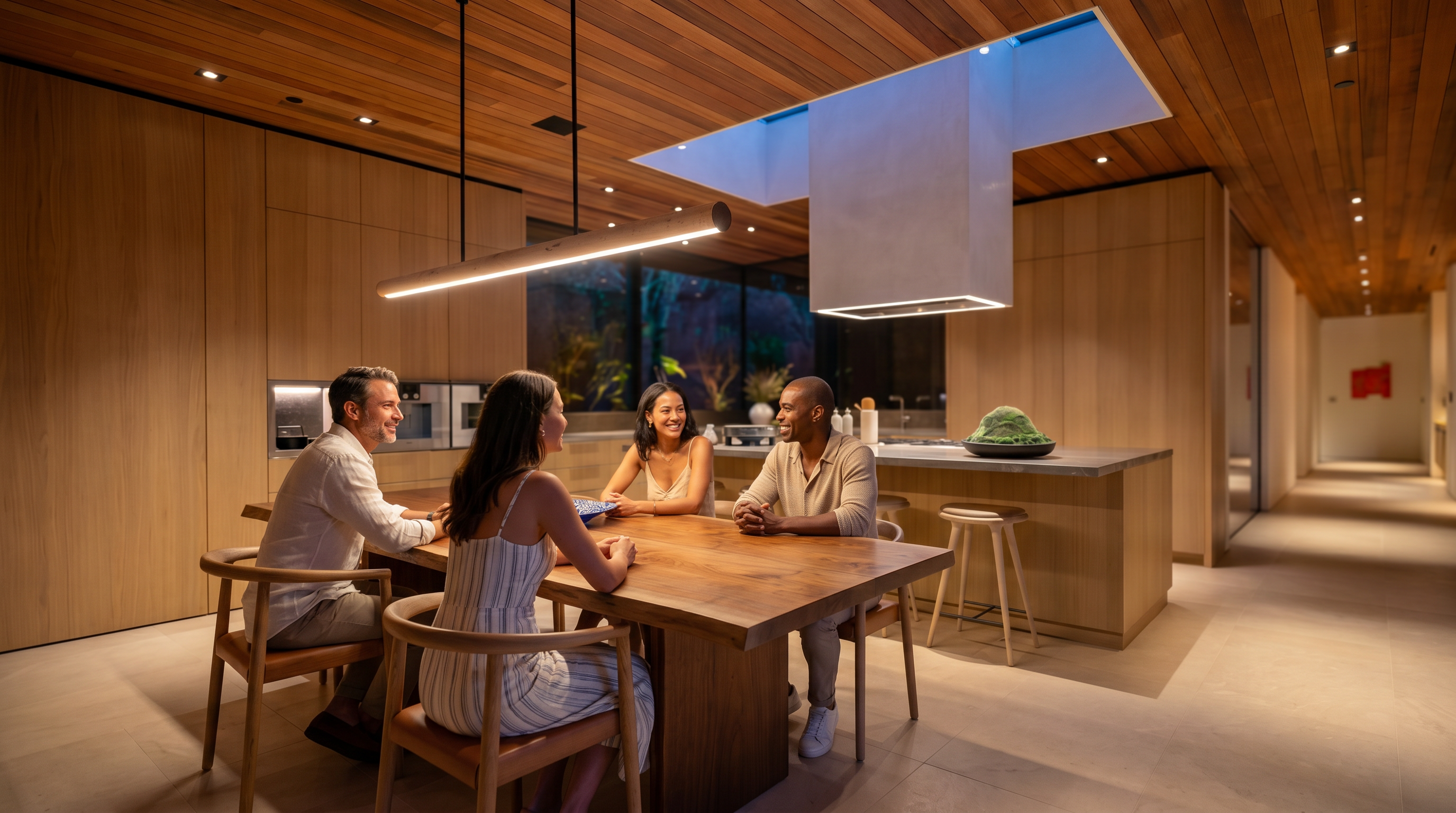 This sophisticated, modern kitchen features a seamless blend of warm wood paneling and minimalist design, highlighted by a large, natural-edge wooden dining table. A central island with bar seating sits beneath a striking, custom-built white range hood, while recessed lighting and a sleek pendant fixture illuminate the space. The open-concept layout flows into a long, gallery-like hallway, creating an expansive and luxurious atmosphere.