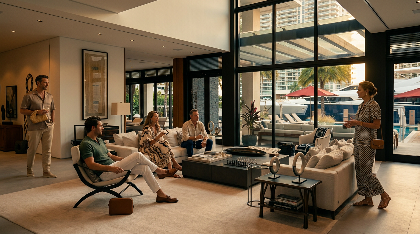 This expansive, double-height living room features a minimalist aesthetic with neutral tones and large windows that provide a seamless connection to the outdoor patio and pool area. The space is anchored by a large, dark-toned coffee table surrounded by plush, light-colored sofas and modern accent chairs, all resting on a large area rug. The high ceilings and open floor plan create an airy, sophisticated atmosphere, while the clean lines and contemporary furnishings emphasize a luxury lifestyle.