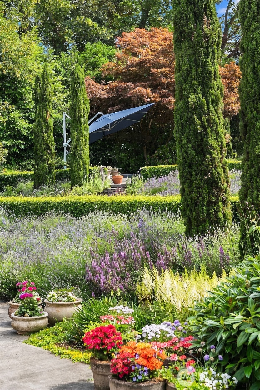 This lush, meticulously landscaped garden features a vibrant array of potted flowers in the foreground, including bright red and orange blooms. The mid-ground showcases a structured garden design with manicured hedges, tall columnar evergreens, and sweeping beds of lavender and purple perennials. In the background, a blue cantilevered patio umbrella provides shade over a small seating area, set against a backdrop of mature trees with rich autumn-toned foliage.
