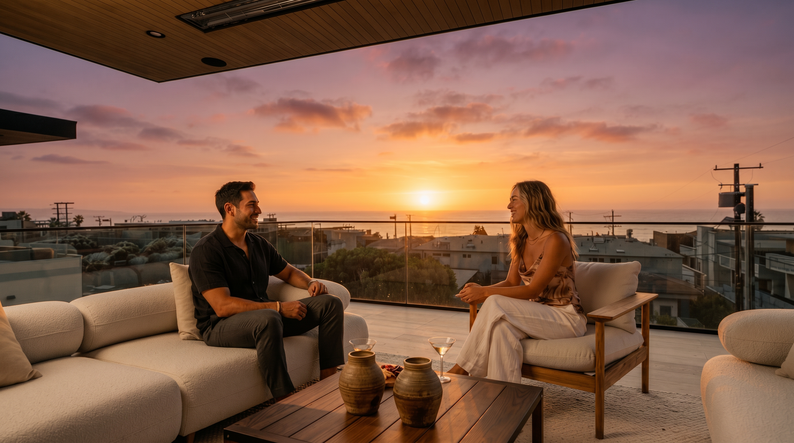 This expansive, modern balcony offers a panoramic, unobstructed view of the ocean, creating a serene and luxurious outdoor living space. The area is furnished with two large, light-colored sofas and two wooden armchairs arranged around a central wooden coffee table, perfect for relaxing or entertaining. The space is partially covered by a sleek, light-toned ceiling with recessed lighting, providing a comfortable transition between indoor and outdoor living.