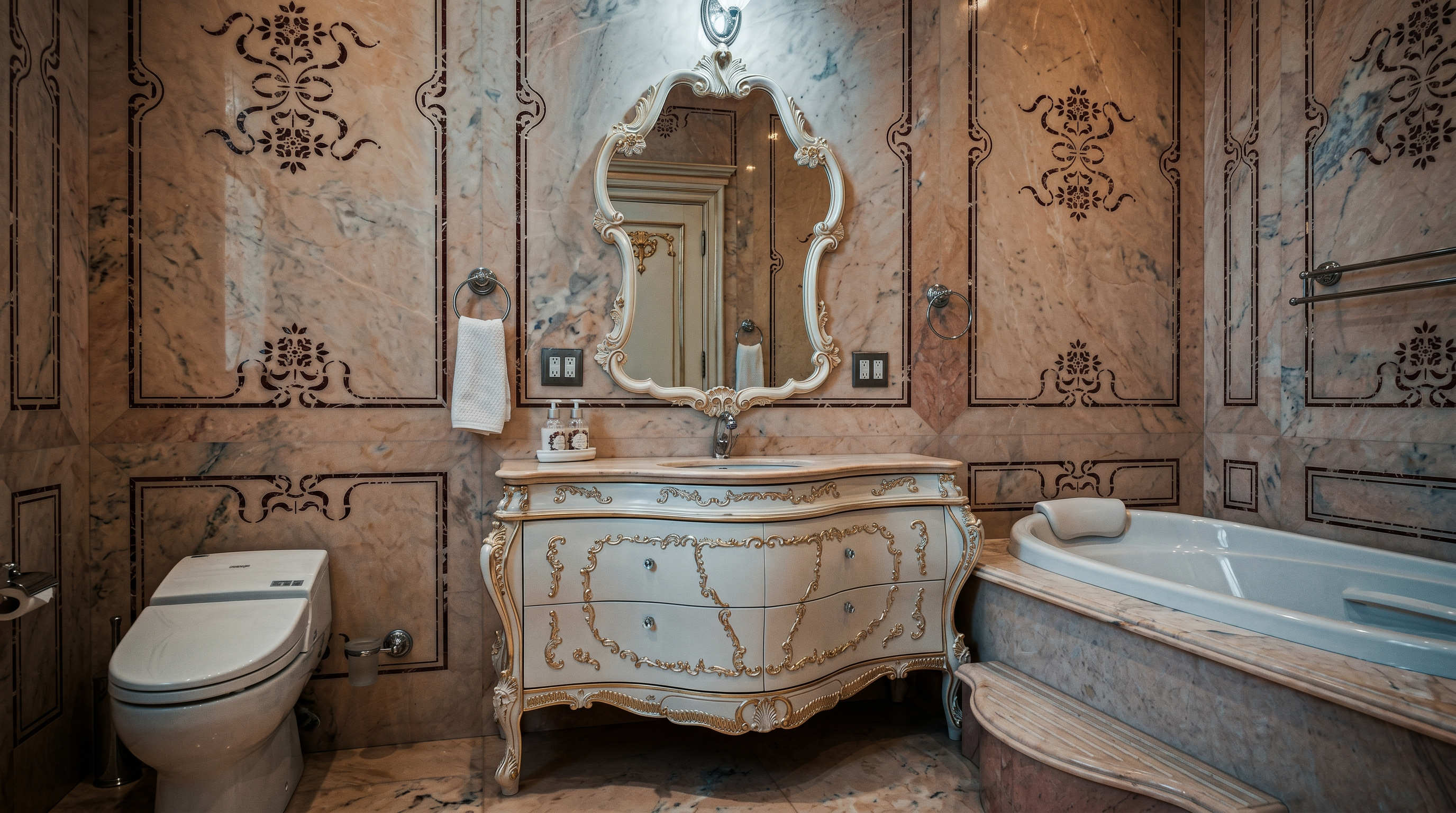 This opulent primary bathroom features intricate, ornate cabinetry with gold detailing and a matching carved mirror, set against luxurious marble-clad walls with decorative inlays. The space includes a built-in soaking tub with a step-up platform and a high-end toilet, creating a sophisticated, classical aesthetic. The perspective is a wide-angle shot that captures the entire vanity and tub area, emphasizing the high-end craftsmanship and elegant design.
