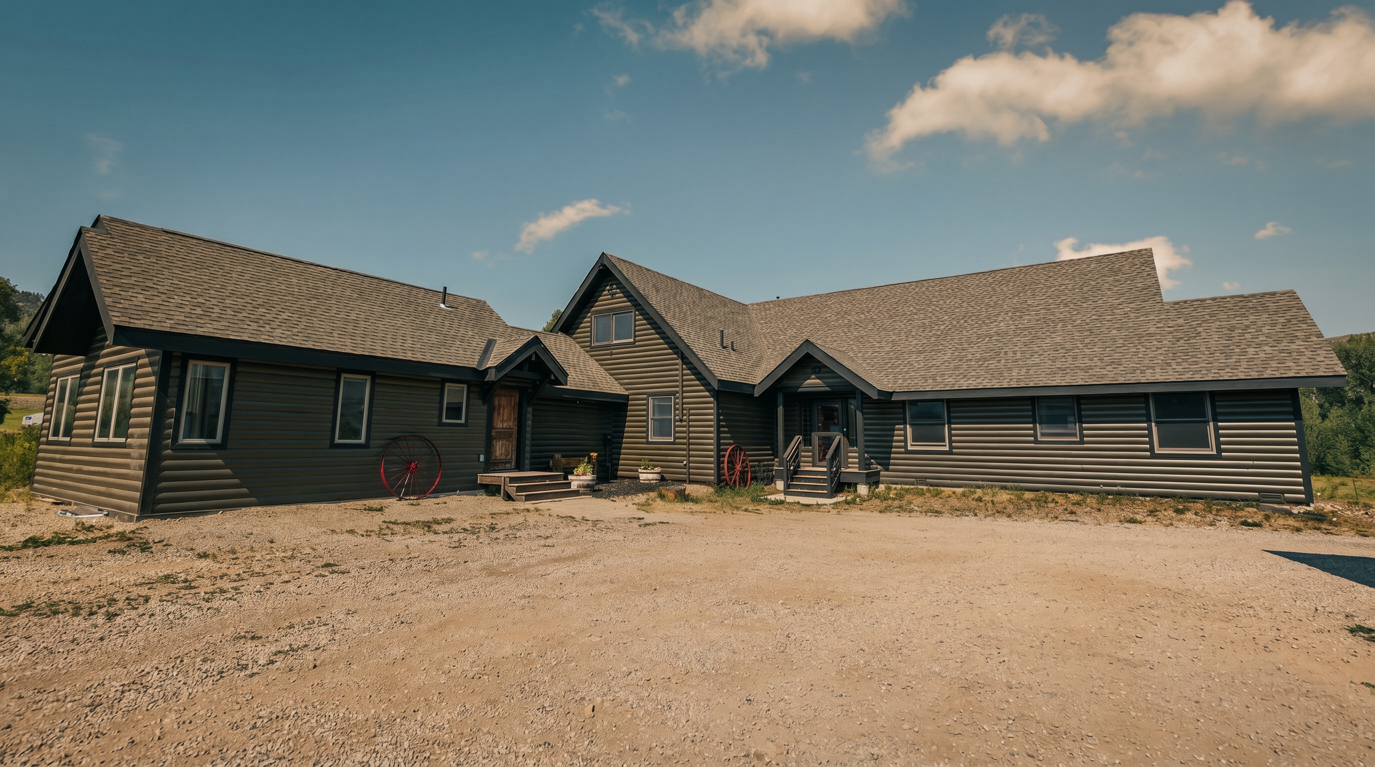 This expansive, single-story log cabin-style home features dark horizontal siding and a multi-gabled roofline with asphalt shingles. The front facade includes two distinct entryways with covered porches, accented by decorative red wagon wheels on the gravel driveway. The wide-angle perspective captures the full breadth of the structure against a clear blue sky, emphasizing its rustic charm and rural setting.