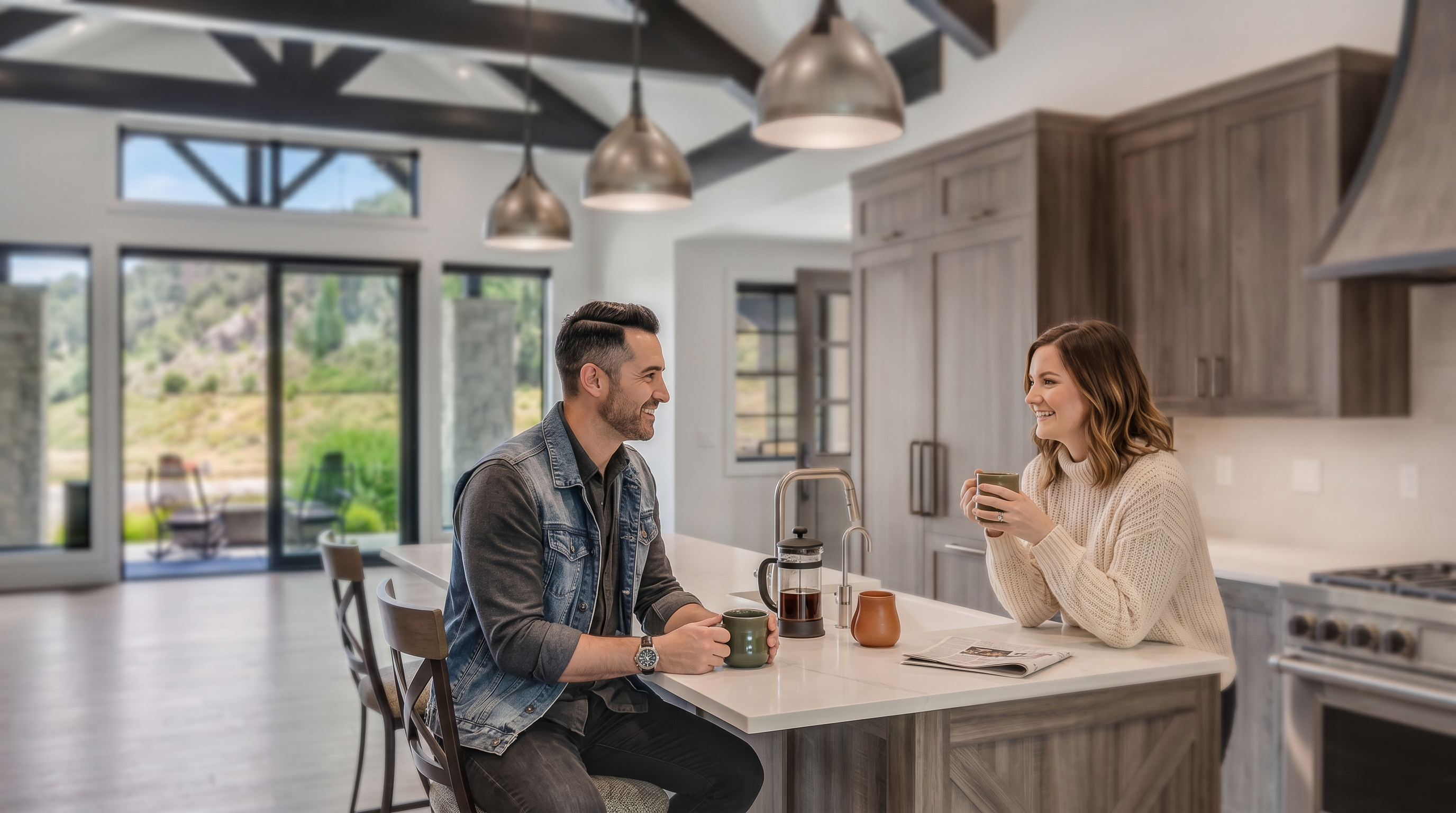 This spacious, high-end kitchen features a rustic-modern aesthetic with dark wood cabinetry, a large central island with quartz countertops, and exposed timber ceiling beams. The open-concept design seamlessly connects to a bright outdoor patio area through large glass sliding doors, offering a scenic view of the surrounding landscape. The space is illuminated by three industrial-style pendant lights, highlighting the professional-grade stainless steel appliances and elegant finishes.