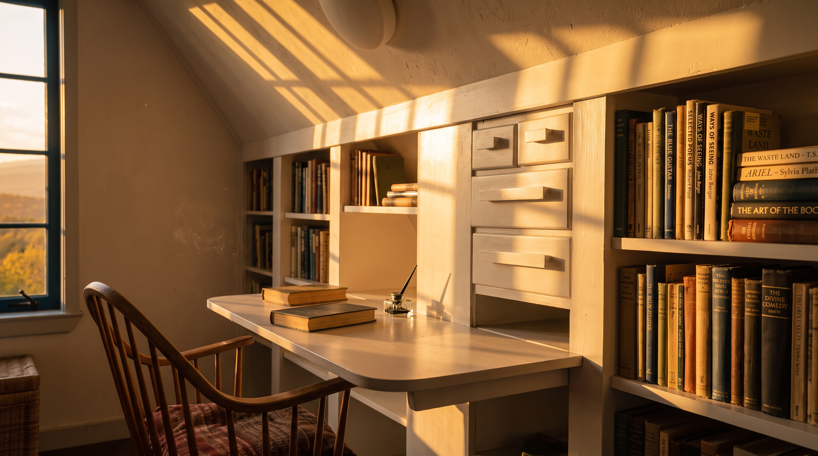 This cozy attic bedroom features sloped ceilings, warm wood flooring, and a built-in desk area with integrated shelving. A window provides natural light and a scenic view of the surrounding landscape, while a wicker chest adds a touch of rustic charm. The space is efficiently designed, making it a versatile room for use as a bedroom or a quiet home office.