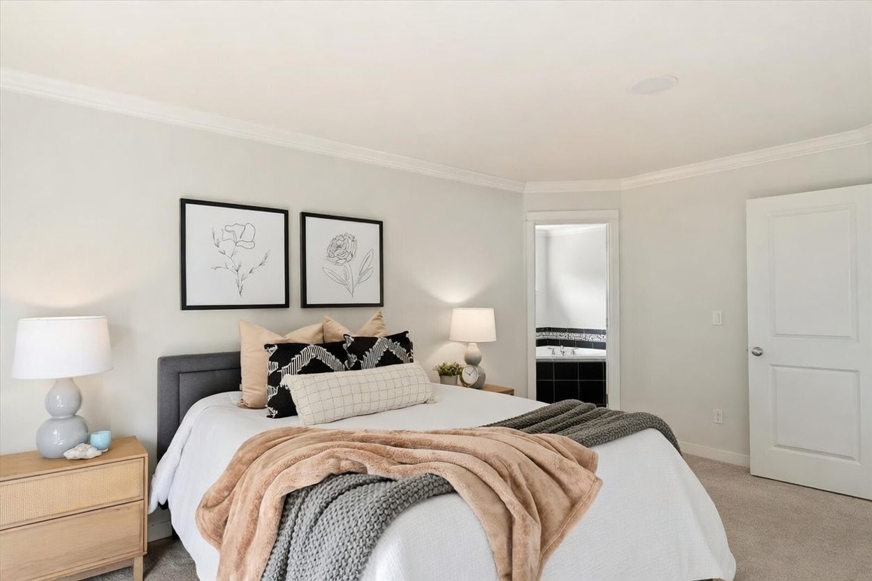 This well-appointed bedroom features a neutral color palette with a gray upholstered headboard and layered bedding in shades of white, gray, and tan. Two framed botanical prints hang above the bed, flanked by matching bedside tables and lamps, while a doorway provides a glimpse into an adjoining bathroom. The room is carpeted and maintains a clean, inviting aesthetic suitable for a primary suite.