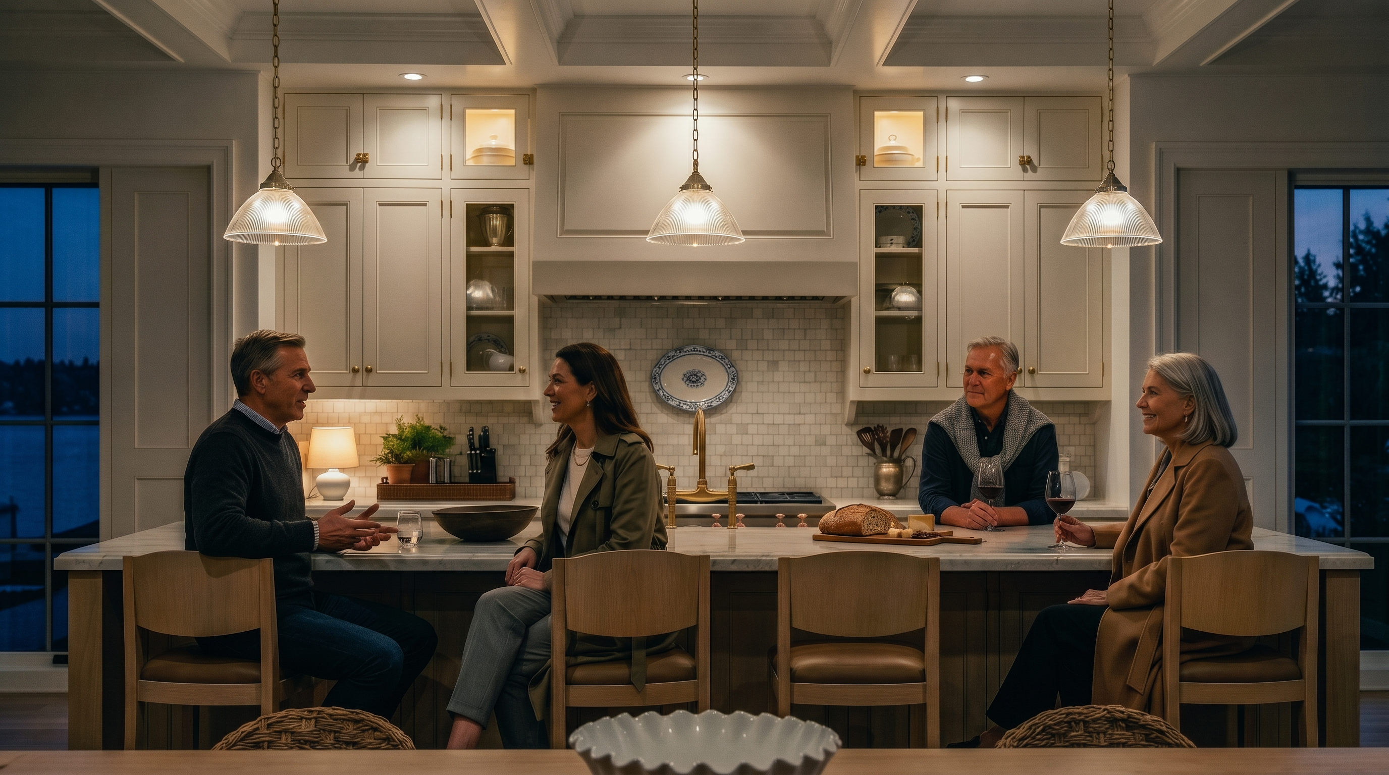 This elegant kitchen features a large central island with light wood bar stools and a stone countertop, positioned in front of a classic range and custom hood. The space is defined by cream-colored cabinetry with glass-front upper sections, a neutral tiled backsplash, and three glass pendant lights hanging above the island. The perspective is a straight-on, eye-level shot that highlights the symmetrical design and sophisticated, timeless aesthetic of the culinary space.