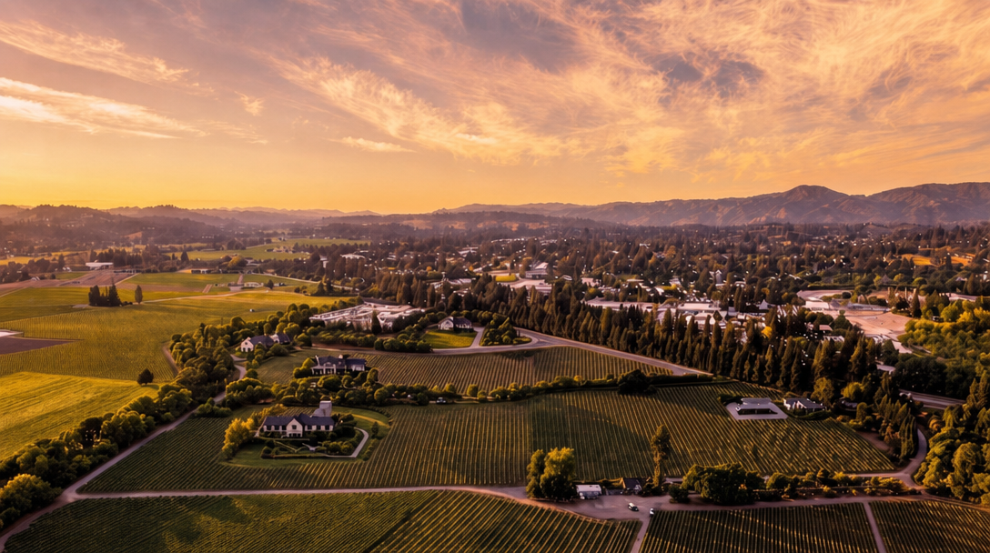 This stunning aerial view captures a sprawling vineyard estate set against a picturesque mountainous backdrop during a golden-hour sunset. The property features neatly manicured grapevines arranged in structured rows, surrounding several elegant residential buildings nestled among lush trees. The warm, ambient lighting highlights the expansive landscape, emphasizing the tranquil and upscale appeal of this rural wine country setting.