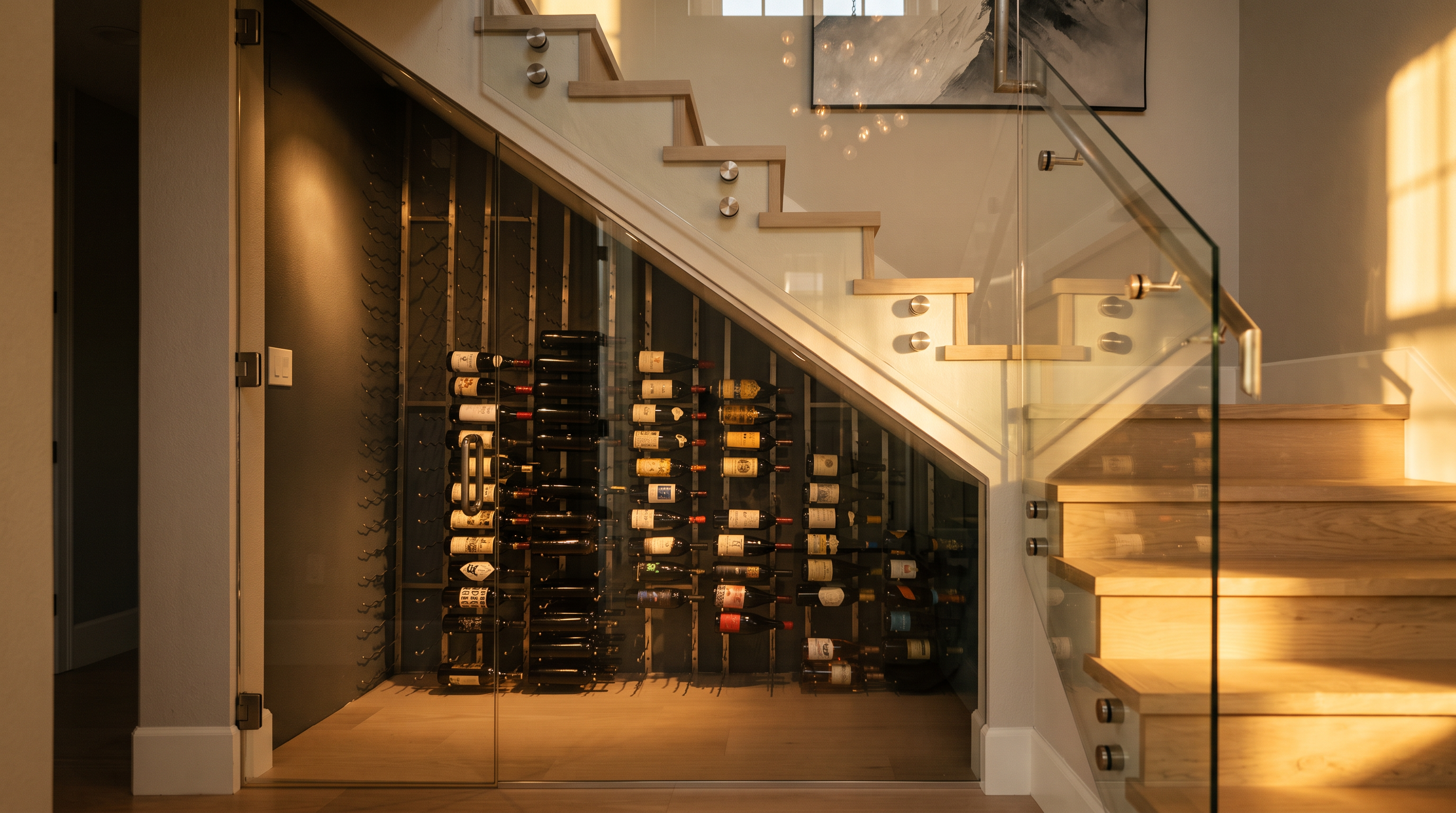 This sophisticated wine cellar is cleverly integrated beneath a staircase, enclosed by a glass wall that showcases a collection of wine bottles stored on metal racks. The space features light wood flooring and a minimalist aesthetic, with the staircase above utilizing glass railings and metal hardware. The perspective captures the clever use of under-stair space, highlighting a modern and functional design element.