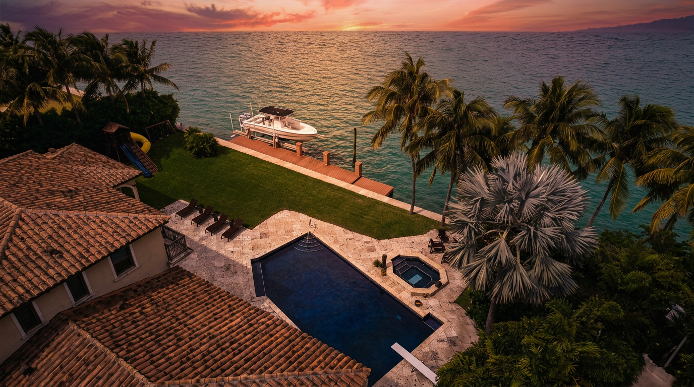 This high-angle aerial view captures a luxurious waterfront property featuring a deep blue rectangular swimming pool and an adjacent spa set within a stone-paved patio. A lush green lawn stretches toward a private wooden dock where a boat is moored on the calm, turquoise water. The scene is framed by mature palm trees and the terracotta-tiled roof of the residence, creating a serene and upscale coastal atmosphere.