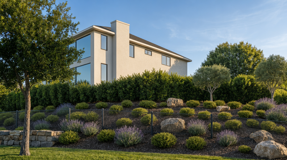 This hillside home is currently under construction, featuring an exposed concrete exterior frame supported by extensive metal scaffolding. The property includes a detached red-roofed gazebo and is situated on a sloped lot with a natural, dry landscape. It offers potential for a unique architectural design once renovations are completed.