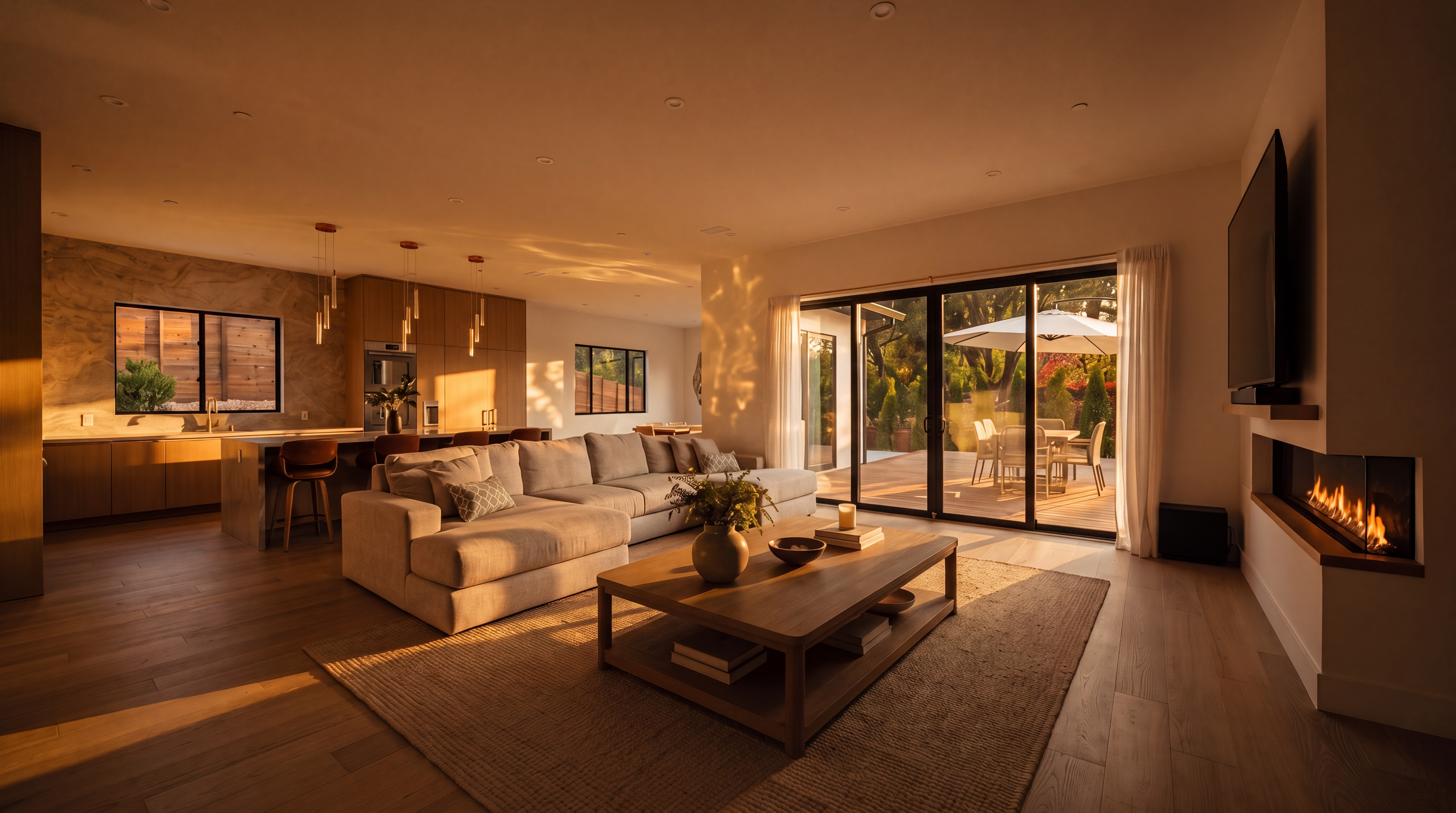 This open-concept living area features light wood flooring and a neutral color palette, seamlessly connecting to a modern kitchen with a large island. A spacious sectional sofa faces a linear fireplace integrated into a white wall, while large glass sliding doors provide a clear view of the outdoor deck. The space is bright and airy, characterized by recessed lighting and a minimalist, contemporary aesthetic.