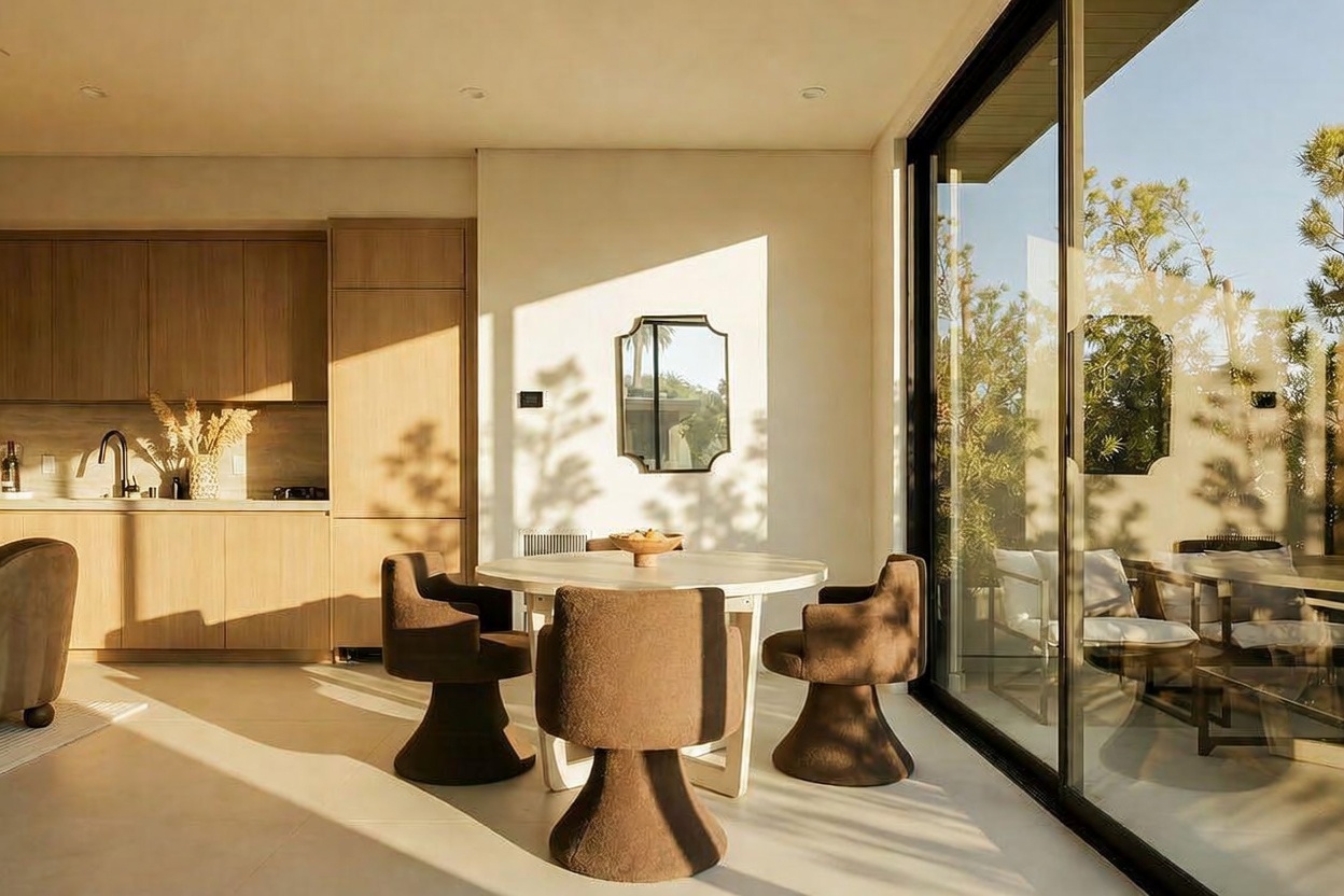 This bright, contemporary dining area features a round white table surrounded by three sculptural, dark-toned chairs. The space is bathed in warm, natural light, casting soft shadows against the neutral walls and highlighting the adjacent light wood kitchen cabinetry. Large sliding glass doors provide a seamless transition to the outdoors, creating an airy and inviting atmosphere.