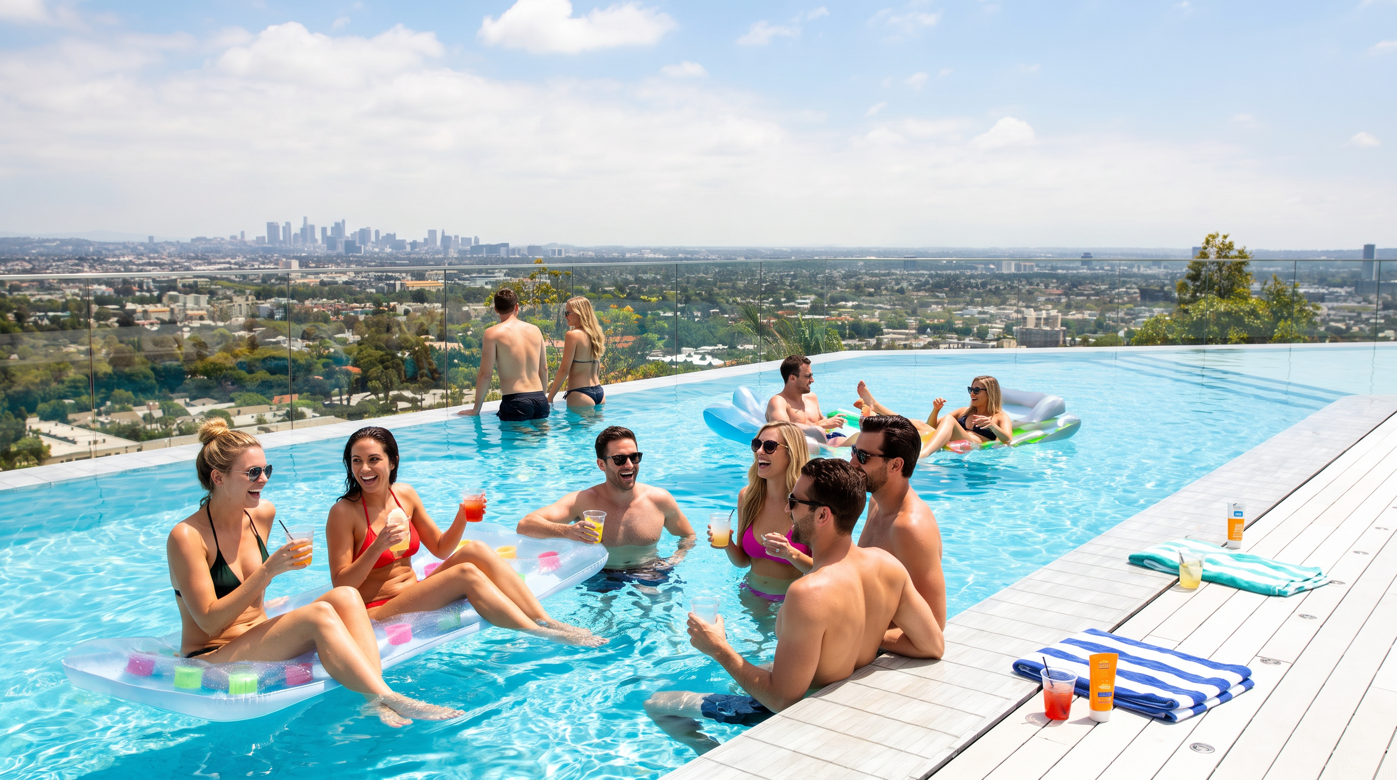 This stunning infinity-edge pool offers a luxurious setting with panoramic views of the distant city skyline. Featuring a sleek, modern deck and high-end finishes, the space is perfectly designed for upscale entertaining and relaxation. It highlights a premium, resort-style amenity that enhances the property's overall appeal and value.