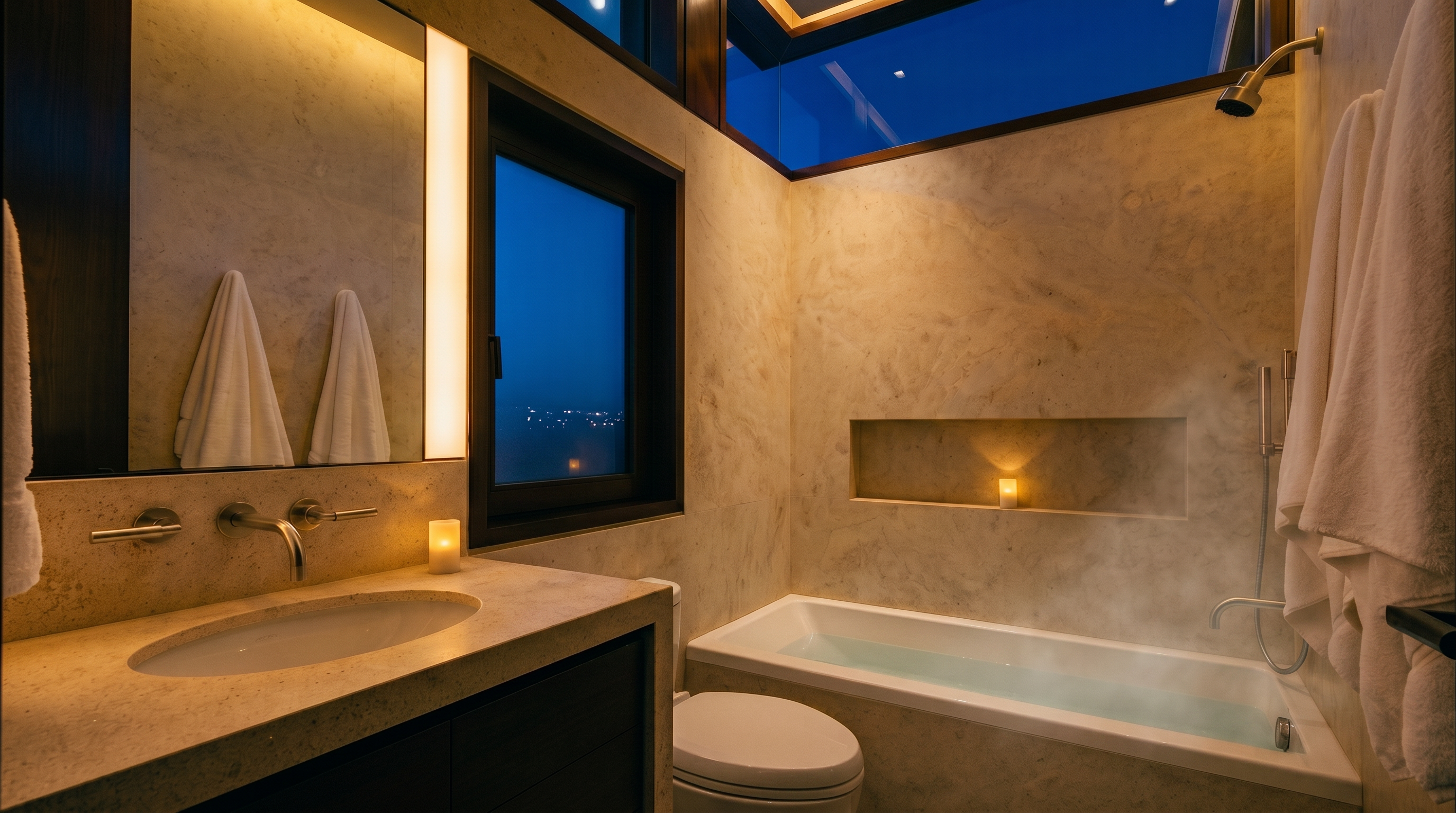 This modern bathroom features a neutral stone-clad aesthetic with a built-in bathtub and a sleek vanity. A large mirror sits above the sink, complemented by a window with horizontal blinds that allows natural light into the space. The room is finished with dark wood cabinetry and a minimalist shower fixture, creating a clean and contemporary atmosphere.