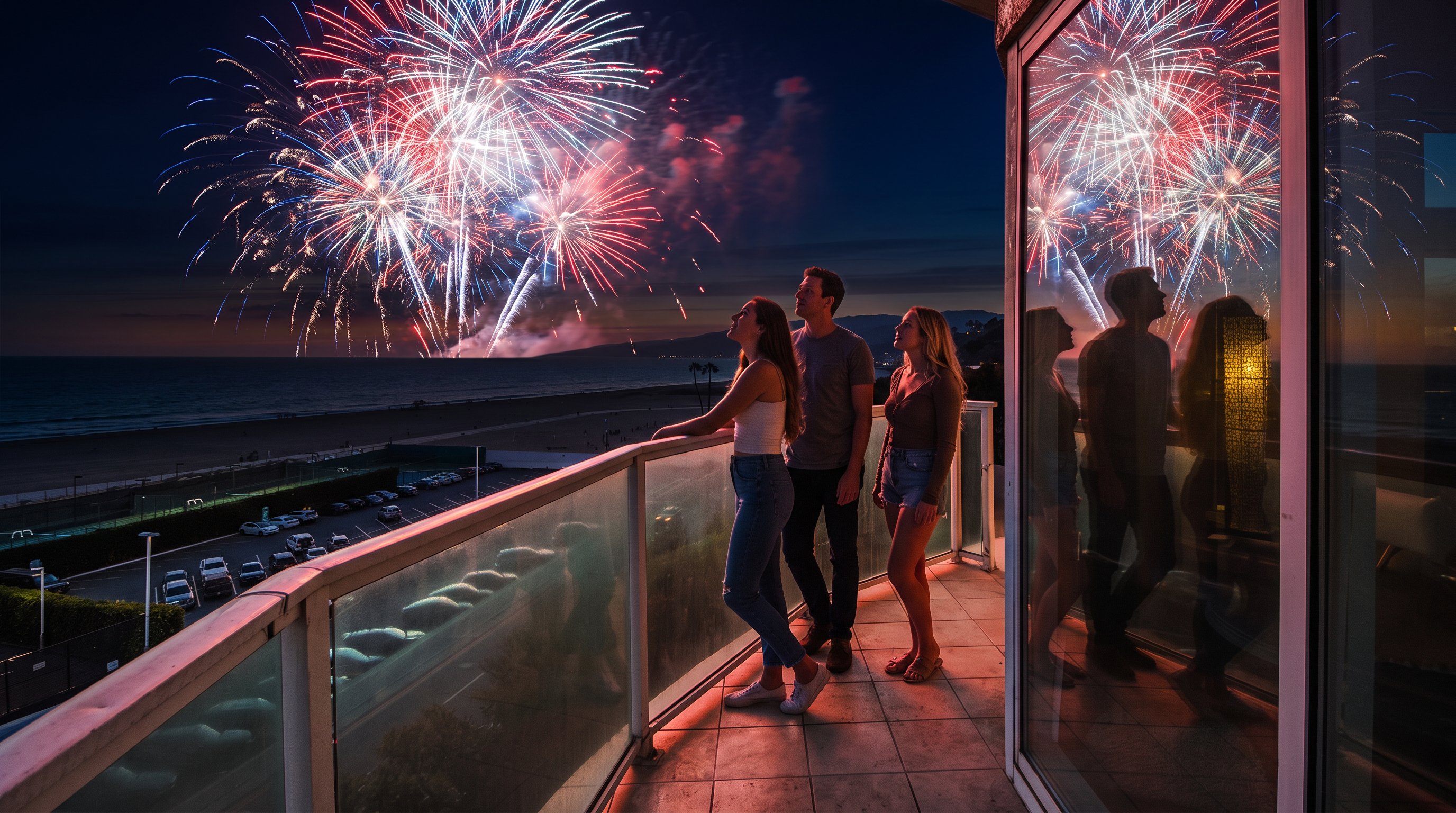 This stunning balcony offers an elevated, panoramic view of a coastal beach at sunset, accented by a vibrant fireworks display. The space features modern glass railings and convenient access to the interior, creating an ideal setting for outdoor relaxation and entertaining. Its prime waterfront location and scenic outlook make it a highly desirable architectural highlight.