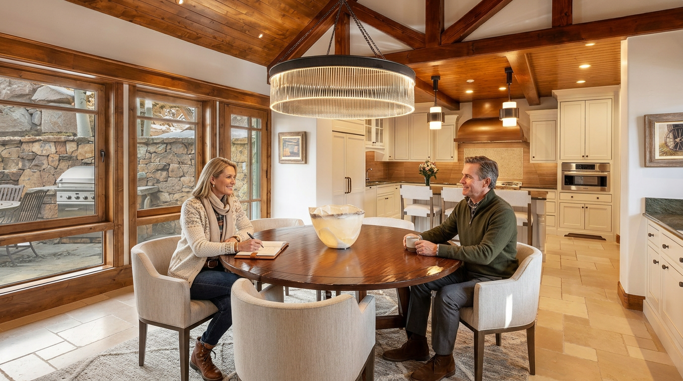 This elegant dining area features a round wooden table surrounded by six upholstered chairs, positioned beneath a large, circular tiered chandelier. The space is open to a well-appointed kitchen with white cabinetry, a stone-tiled backsplash, and a breakfast bar with three stools. Large windows along the side wall provide a view of an outdoor stone patio, while the room is defined by a vaulted wood-paneled ceiling with exposed beams.