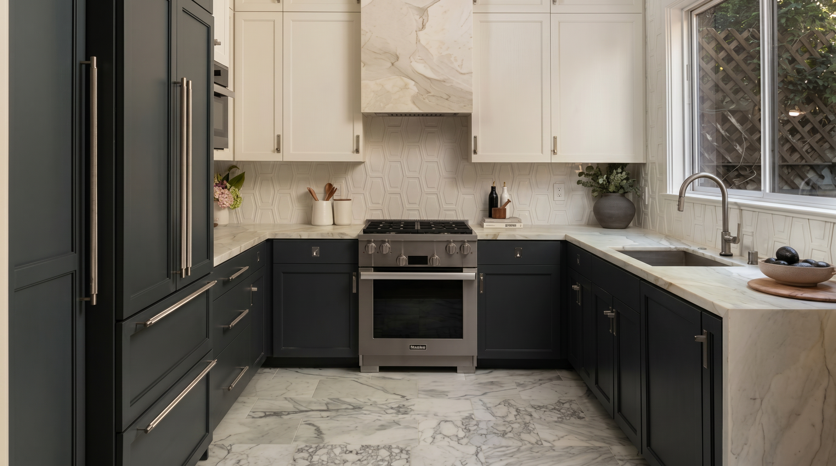 This sophisticated two-toned kitchen features dark charcoal lower cabinets paired with crisp white upper cabinets, creating a modern, high-contrast aesthetic. The space is equipped with premium integrated appliances, a stunning marble-clad stove hood, and matching marble countertops and flooring. The design balances a luxurious, upscale feel with clean, functional lines perfect for contemporary living.