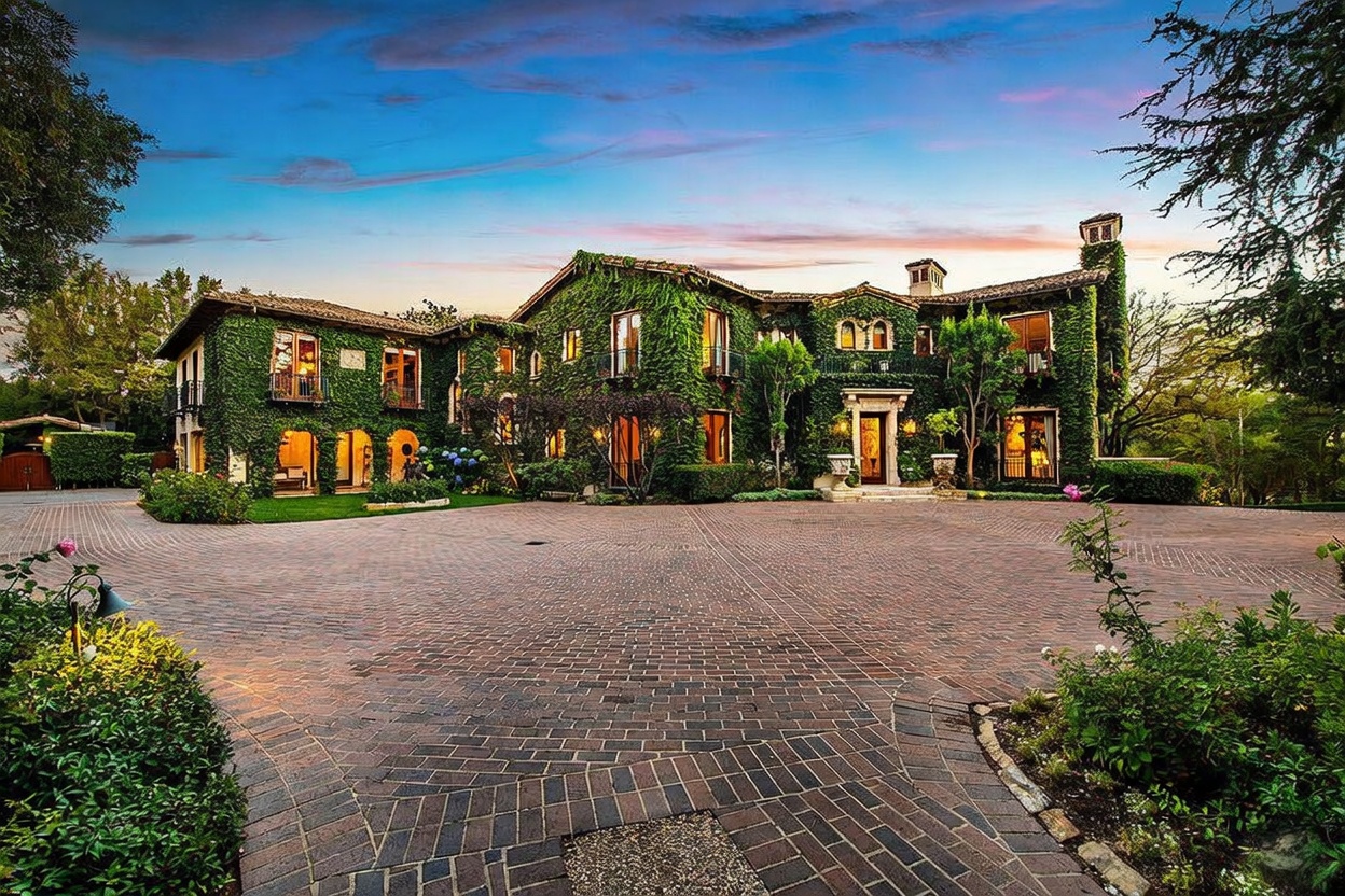 This grand, ivy-covered estate features a classic Mediterranean architectural style with a sprawling brick-paved motor court in the foreground. The multi-story residence is framed by mature trees and lush landscaping, creating a sense of privacy and timeless elegance. The warm glow from the interior lighting contrasts beautifully against the twilight sky, highlighting the home's intricate facade and welcoming entryway.