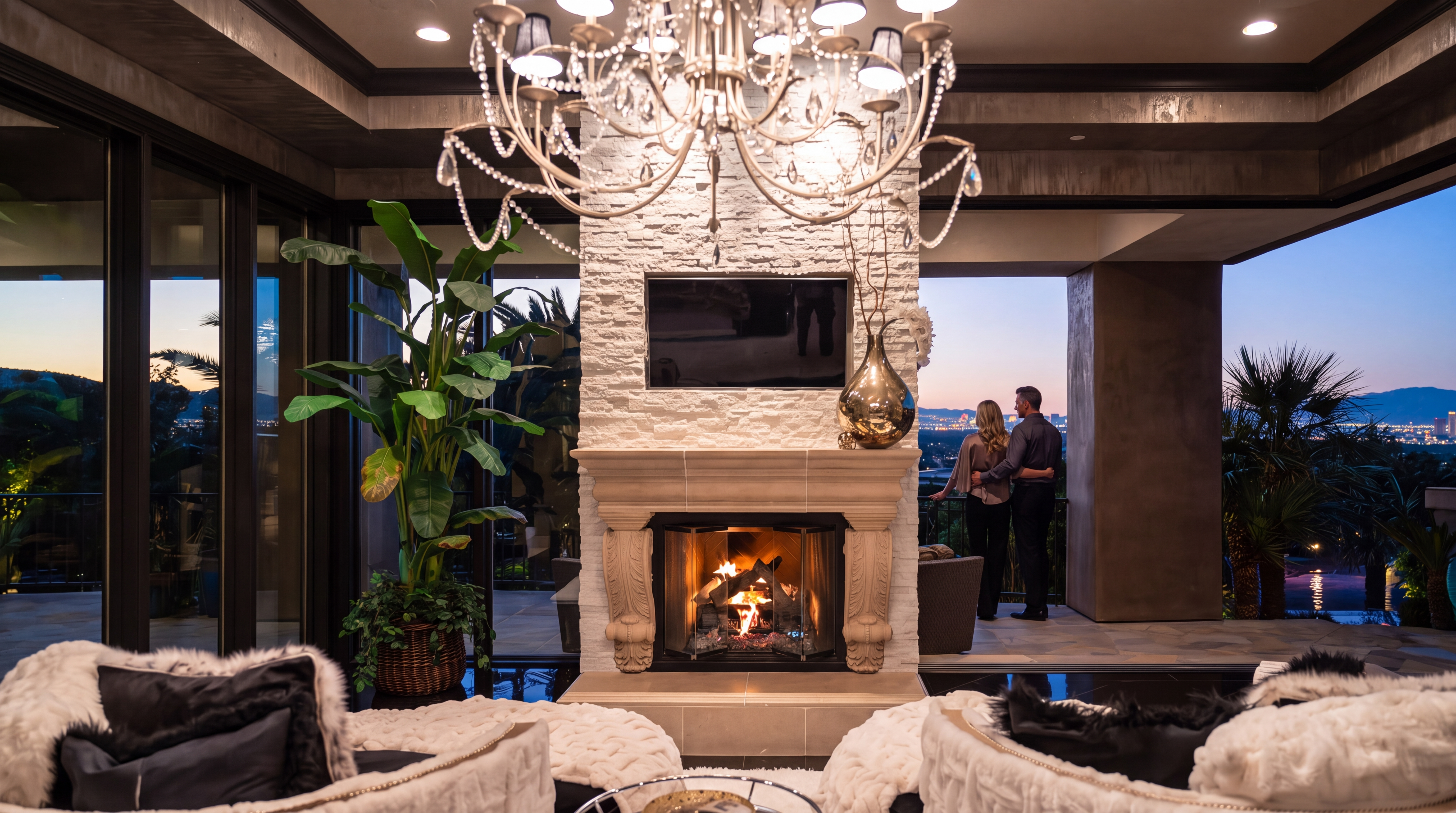 This luxurious living room features a dramatic floor-to-ceiling stone fireplace as its centerpiece, topped with a grand chandelier that adds an elegant touch. The space seamlessly transitions to an outdoor terrace, where a couple enjoys a stunning sunset panoramic view of the cityscape. The interior aesthetic blends high-end comfort with sophisticated design, framed by expansive glass walls that invite natural light and scenery inside.