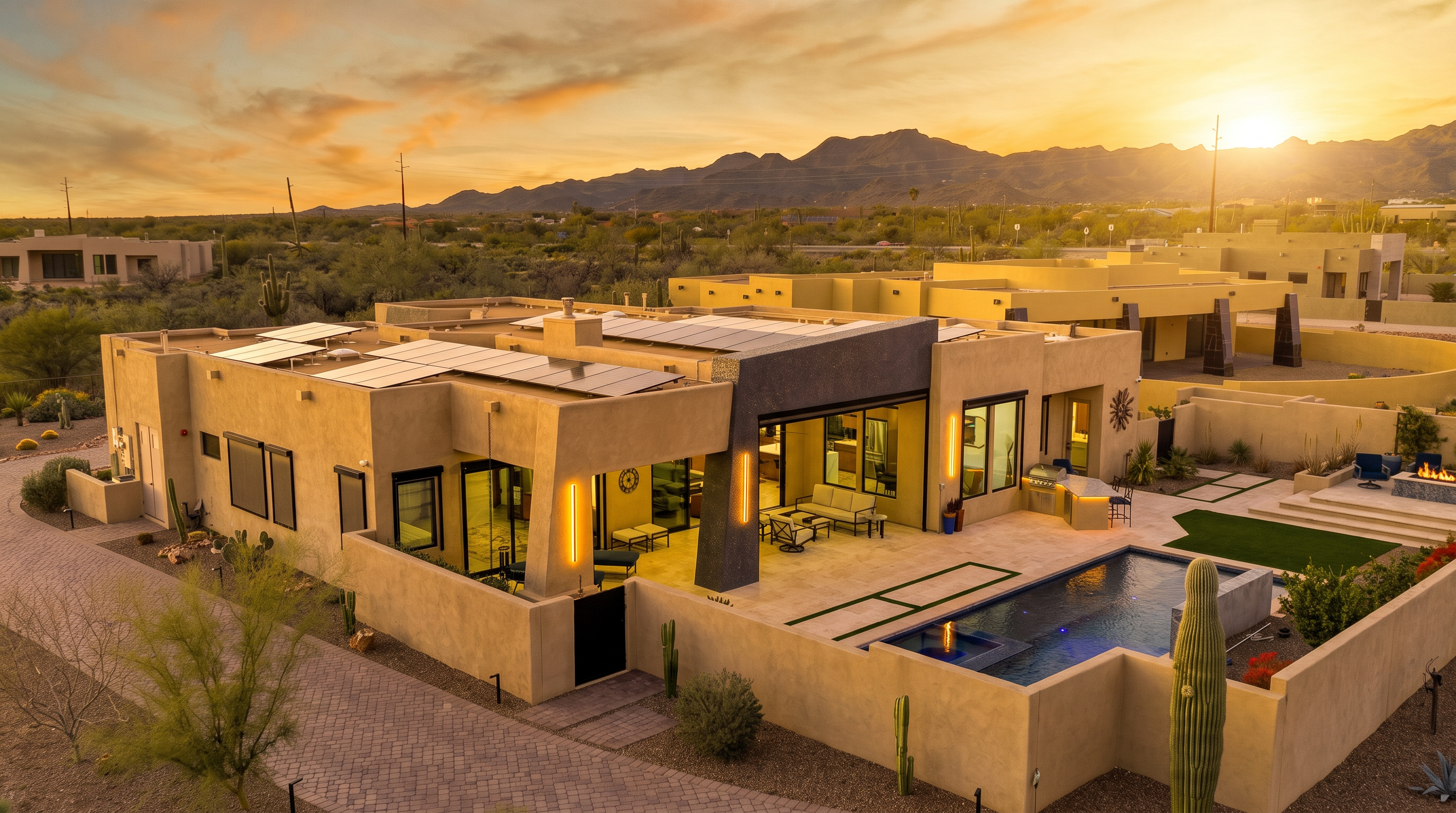 This aerial view captures a modern desert-style home at sunset, showcasing its flat roof with integrated solar panels and a spacious outdoor living area. The property features a private swimming pool, a built-in outdoor kitchen, and a paved patio, all set against a backdrop of rugged mountains and native desert landscaping. The warm, ambient lighting from the home's exterior fixtures creates an inviting atmosphere, highlighting the seamless transition between indoor and outdoor living spaces.