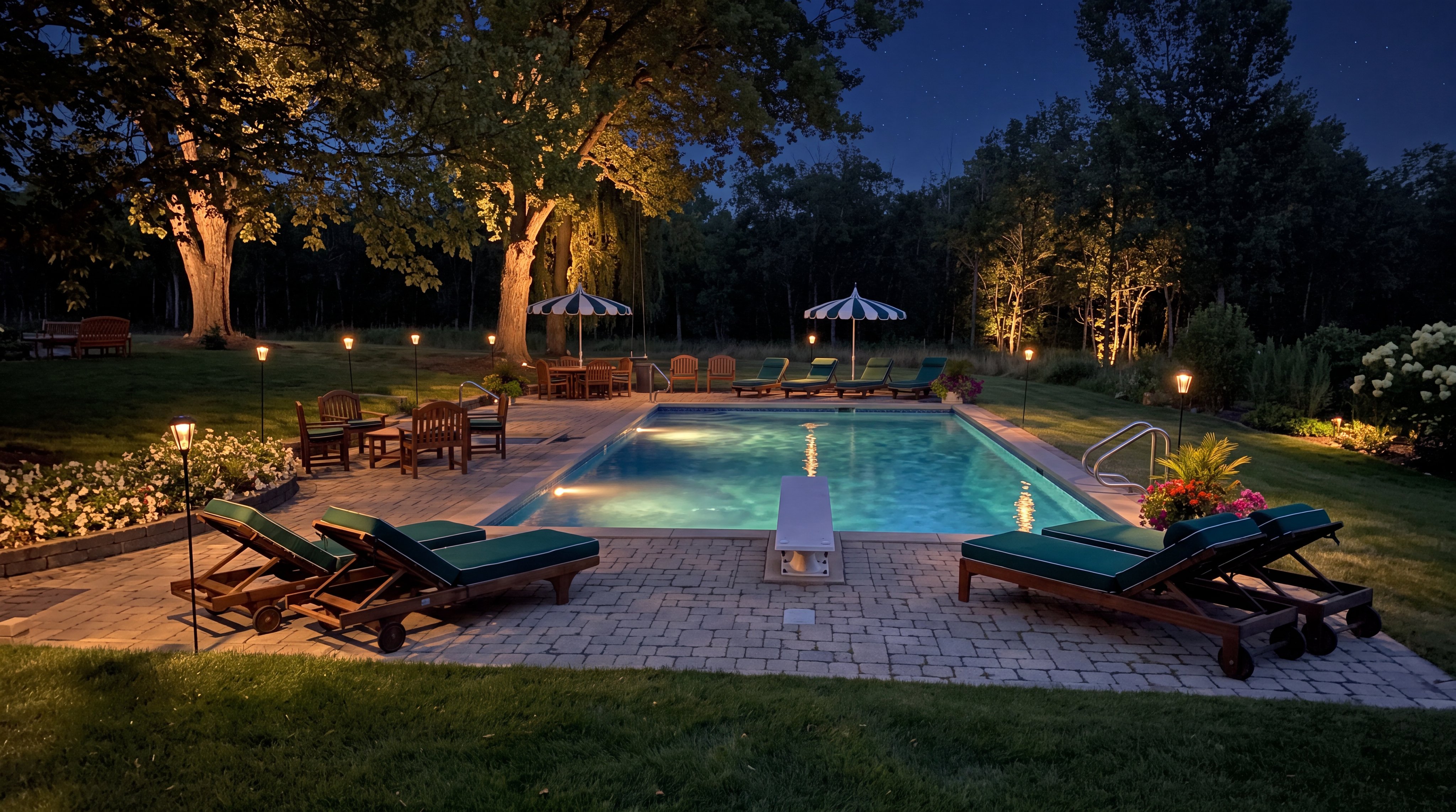This stunning nighttime outdoor space features an illuminated swimming pool with a diving board, surrounded by a spacious stone paver patio. The backyard is elegantly furnished with multiple lounge chairs and an umbrella-shaded seating area, all set against a backdrop of mature trees and landscape lighting. It presents a serene and luxurious retreat ideal for evening relaxation and entertaining.