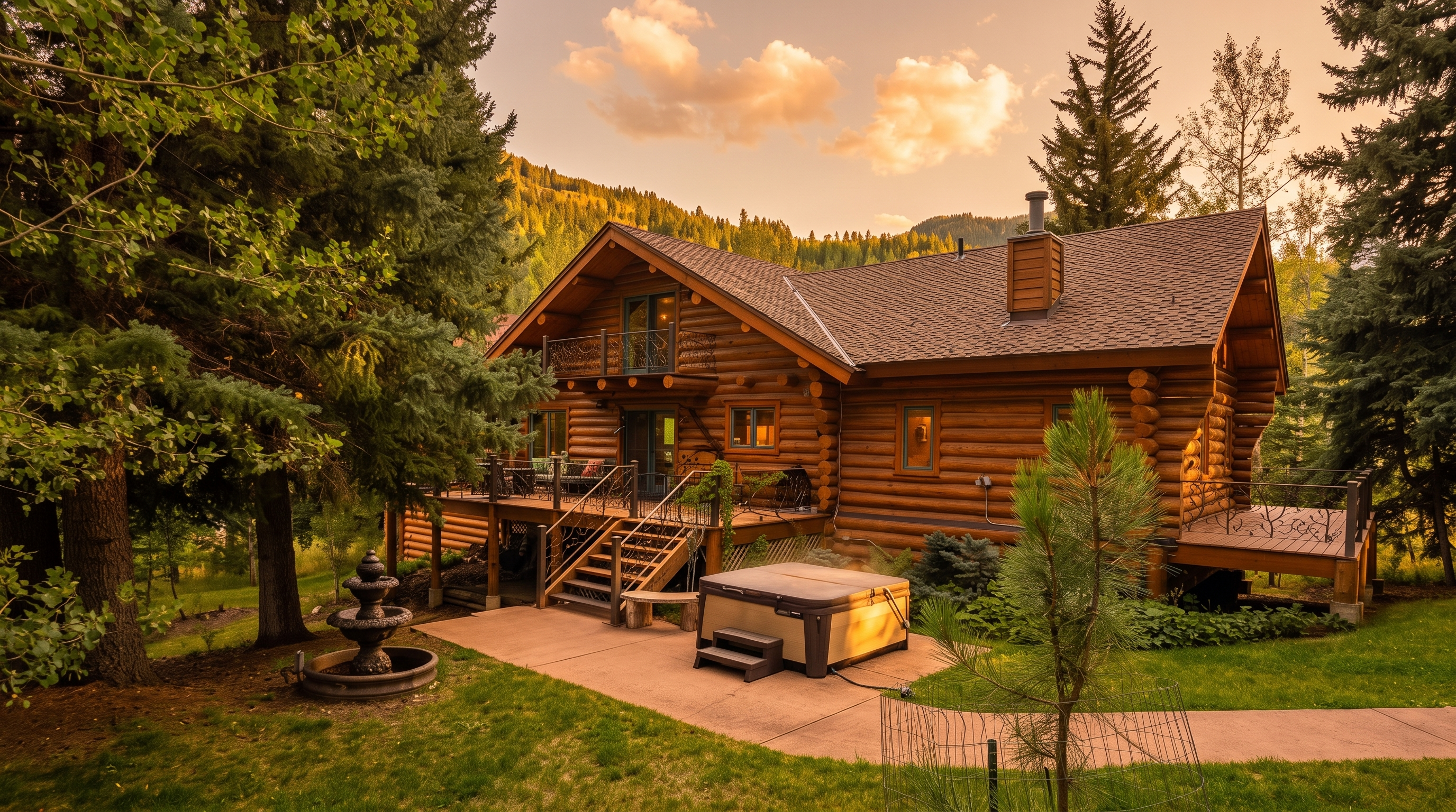 This rear view of a rustic log cabin showcases a multi-level wooden deck with ornate metal railings, overlooking a lush, tree-lined backyard. A hot tub sits on a concrete patio near a tiered stone fountain, creating a serene outdoor living space. The home features classic log construction, a shingled roof, and a backdrop of forested mountains under a bright, cloudy sky.