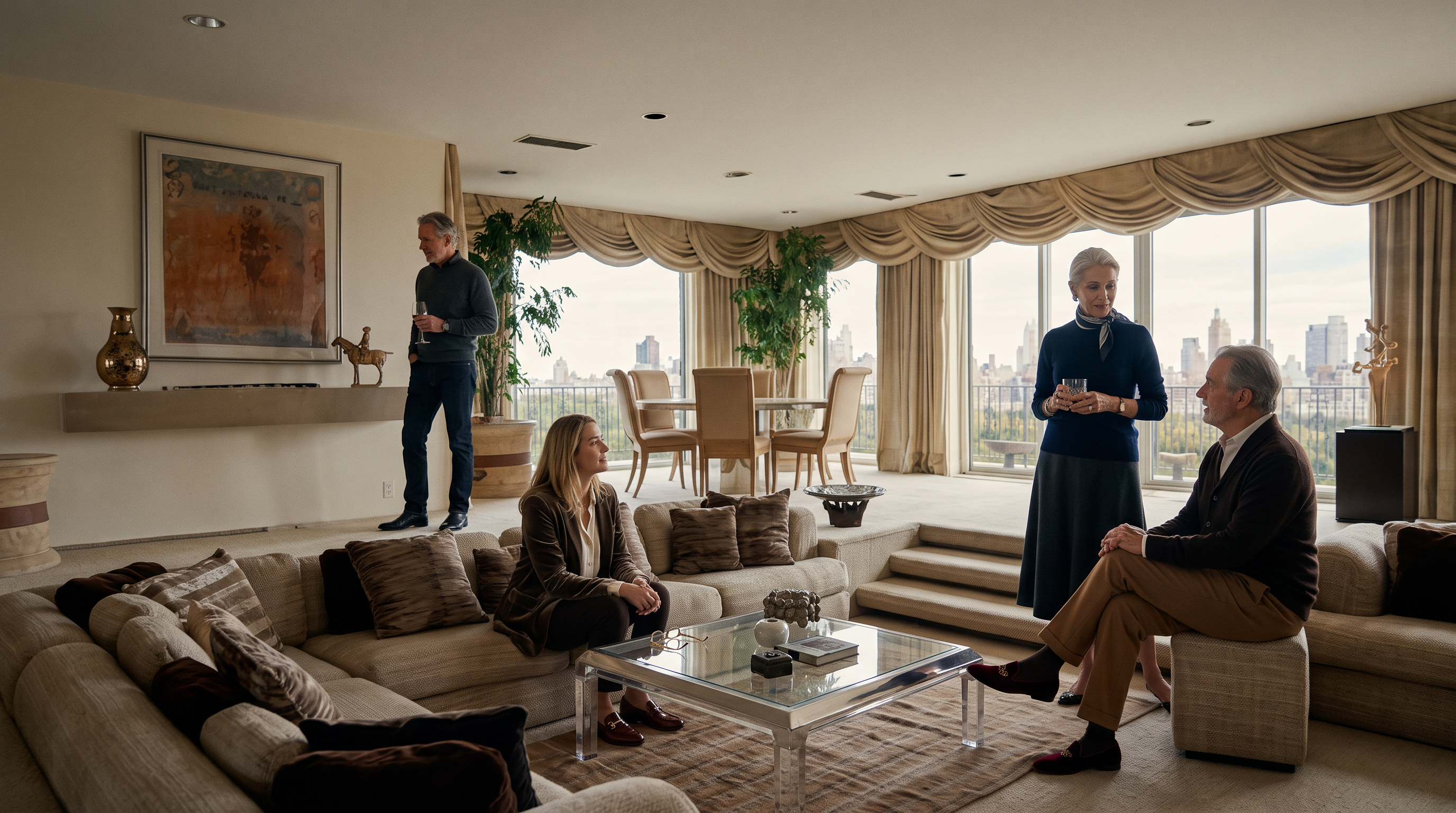 This expansive, open-concept living room features a sunken seating area with a large, neutral-toned sectional sofa and a central glass coffee table. The space is defined by its panoramic, wall-to-wall windows that offer an elevated view of a city skyline and park, framed by elegant, draped curtains. A minimalist aesthetic is maintained with light-colored carpeting, recessed lighting, and a clean, uncluttered layout that emphasizes the bright, airy atmosphere.