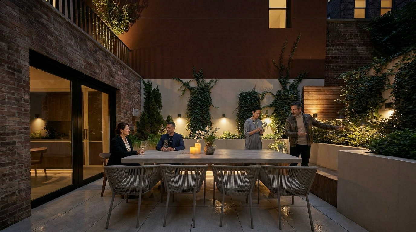 This sophisticated urban patio features a sleek, light-toned dining table surrounded by four modern, woven-back chairs, creating an inviting outdoor dining space. The area is framed by a combination of rustic brick walls and a smooth, cream-colored accent wall adorned with climbing ivy and integrated wall lighting. The clean lines and neutral color palette offer a contemporary, high-end aesthetic perfect for al fresco entertaining.