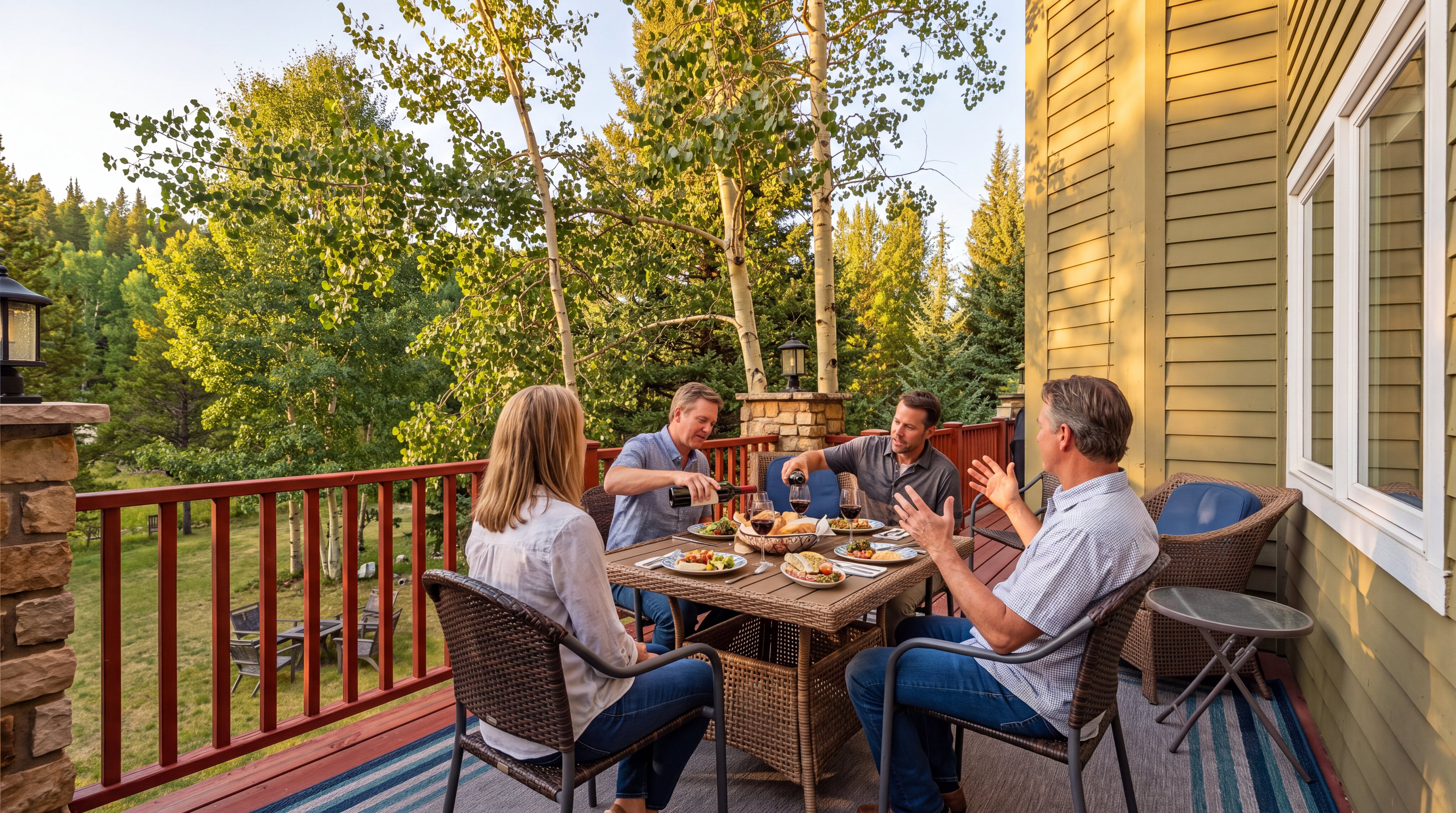 This spacious deck offers an inviting outdoor dining experience with a table set for four against a scenic backdrop of lush trees and natural landscape. The area features comfortable wicker-style seating and a wooden deck structure, providing a warm, relaxed atmosphere ideal for hosting guests. The setting highlights the property's peaceful connection to nature, emphasizing an enjoyable indoor-outdoor lifestyle.