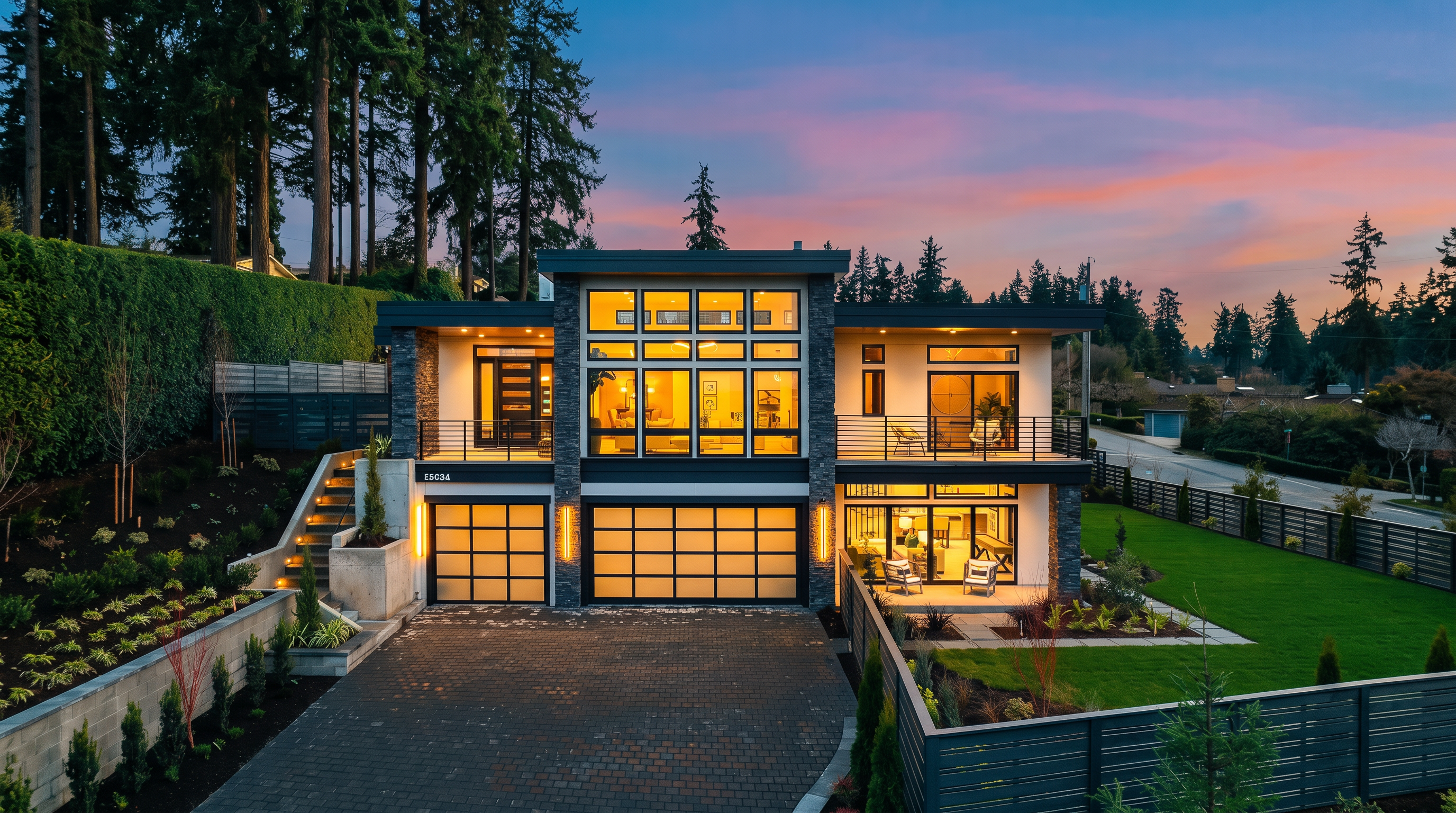 This modern, multi-level residence features a striking contemporary design with a mix of dark stone cladding and light-colored siding. The front facade is dominated by large, grid-patterned windows and a spacious upper-level balcony, while the ground level includes a multi-car garage with frosted glass doors. The property is set against a backdrop of tall trees under a vibrant sunset sky, creating an inviting and sophisticated curb appeal.