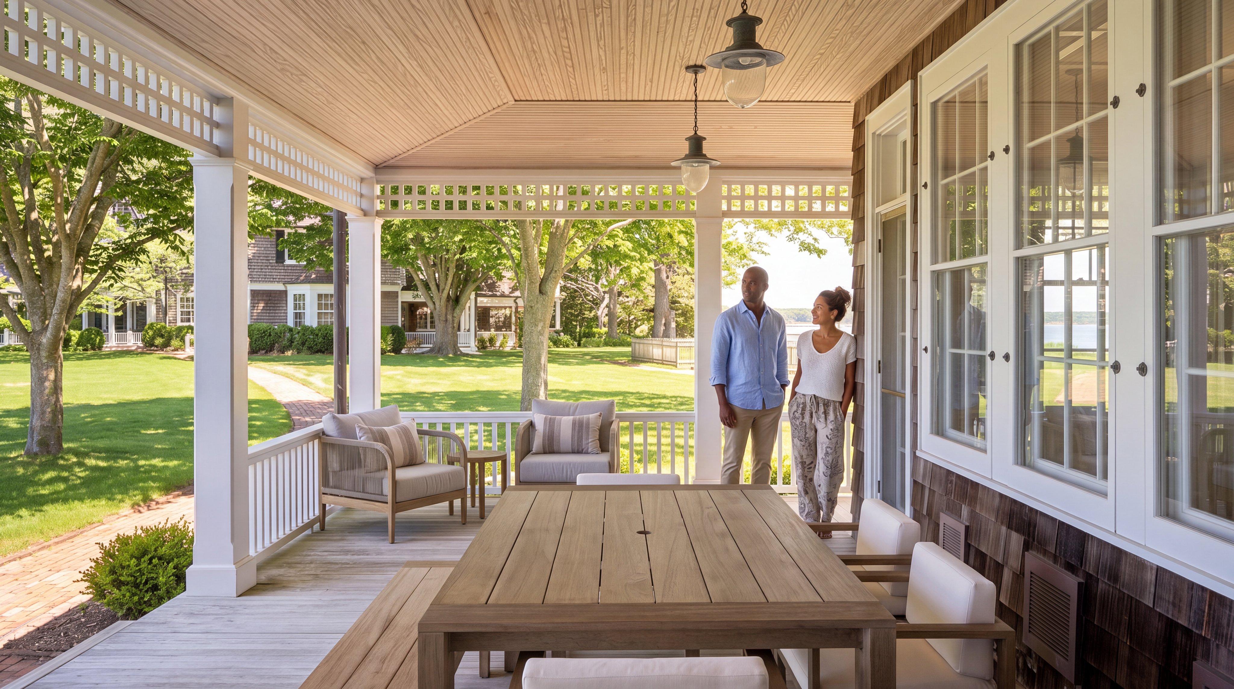 This spacious, covered porch features high-quality wood decking and elegant architectural details, creating an ideal outdoor living space for relaxation and dining. The porch is furnished with comfortable seating, a large dining table, and tasteful lighting, while overlooking a meticulously landscaped, expansive lawn. Its inviting aesthetic and seamless connection to the natural surroundings make it a standout feature for a premium property.