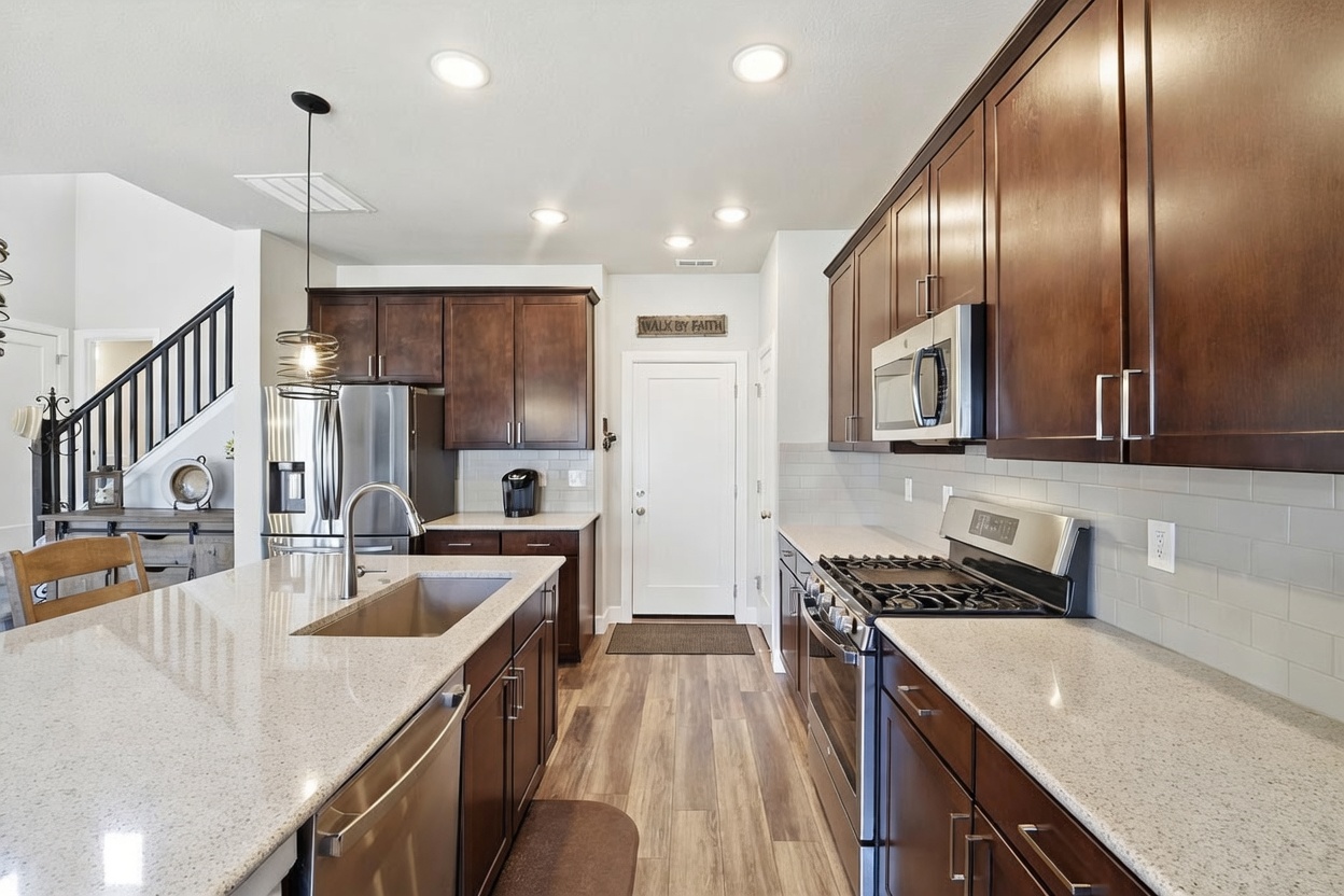 This modern kitchen features dark wood cabinetry, light-colored stone countertops, and stainless steel appliances, including a gas range and a built-in microwave. A large central island with an integrated sink provides additional workspace, while a pendant light hangs above. The space is finished with light-toned wood-look flooring and a neutral subway tile backsplash, creating a clean and functional aesthetic.