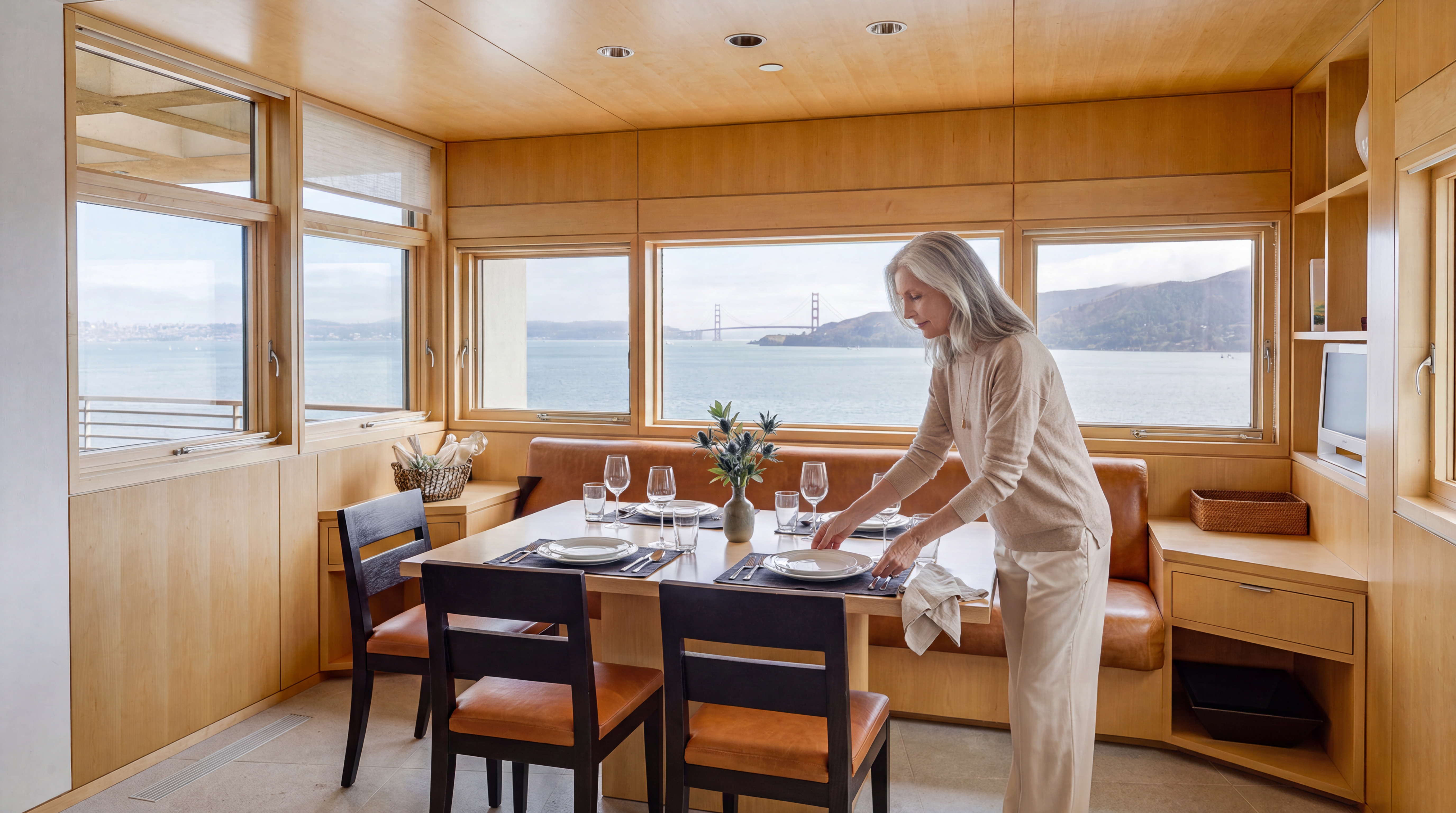 This bright dining area features a built-in leather banquette set against a wall of large windows that frame a stunning panoramic view of the bay and the Golden Gate Bridge. The space is finished with warm light wood paneling on the walls and ceiling, complemented by a modern dining table and three dark-toned chairs. The minimalist design emphasizes the natural light and the spectacular outdoor scenery, creating an inviting and serene atmosphere.